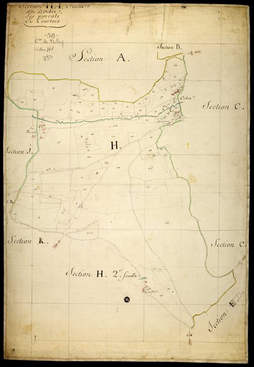 Nolay, cadastre ancien : plan parcellaire de la section H dite d' Orbec, Les Pierrots et Courtois, feuille 1
