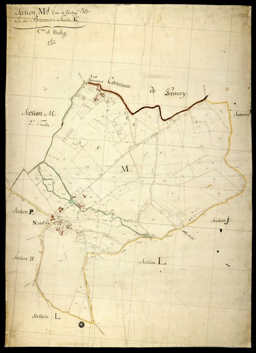Nolay, cadastre ancien : plan parcellaire de la section M dite de Nolay et des Brosses, feuille 1