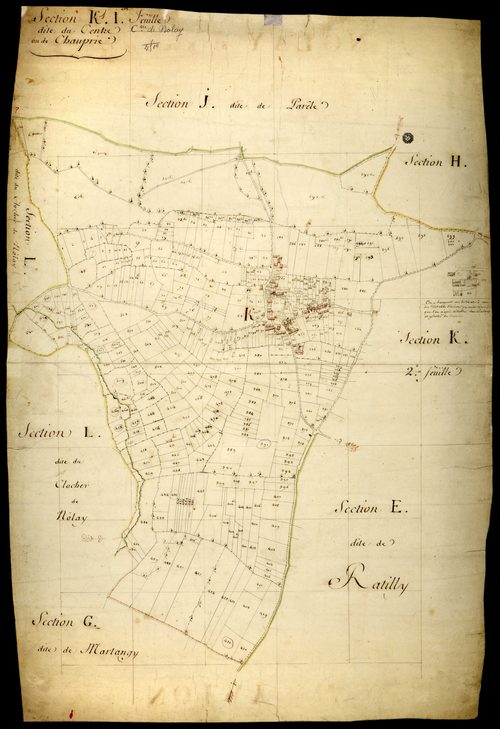 Nolay, cadastre ancien : plan parcellaire de la section K dite du Centre ou de Chauprie, feuille 1