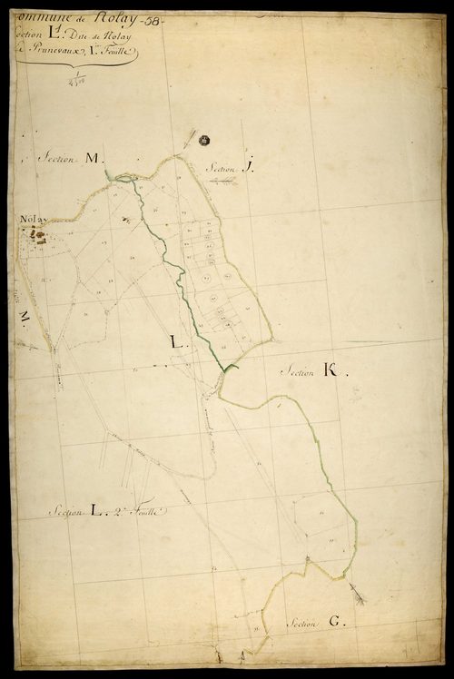 Nolay, cadastre ancien : plan parcellaire de la section L dite de Nolay et Prunevaux, feuille 1