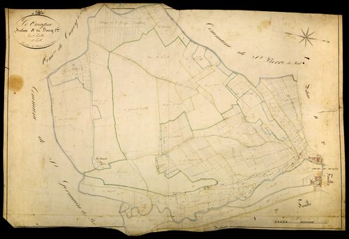 Ouagne, cadastre ancien : plan parcellaire de la section B dite du Bourg, feuille 1