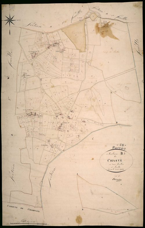 Raveau, cadastre ancien : plan parcellaire de la section B dite de Chazué, feuille 3