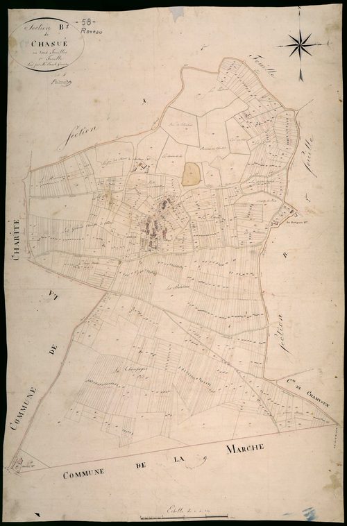 Raveau, cadastre ancien : plan parcellaire de la section B dite de Chazué, feuille 1