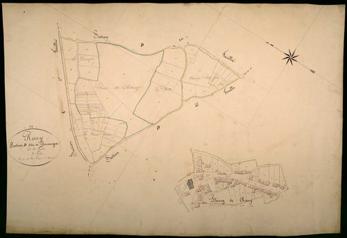 Rouy, cadastre ancien : plan parcellaire de la section D dite de Perranges, feuille 3, et de la section C dite du Bourg, feuille 2, développement