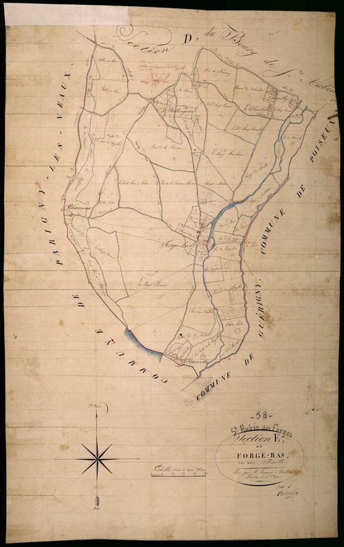 Saint-Aubin-les-Forges, cadastre ancien : plan parcellaire de la section E dite de Forge-Bas