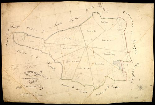 Saint-Parize-le-Châtel, cadastre ancien : plan parcellaire de la section D dite du Grand Bourg, feuille 1