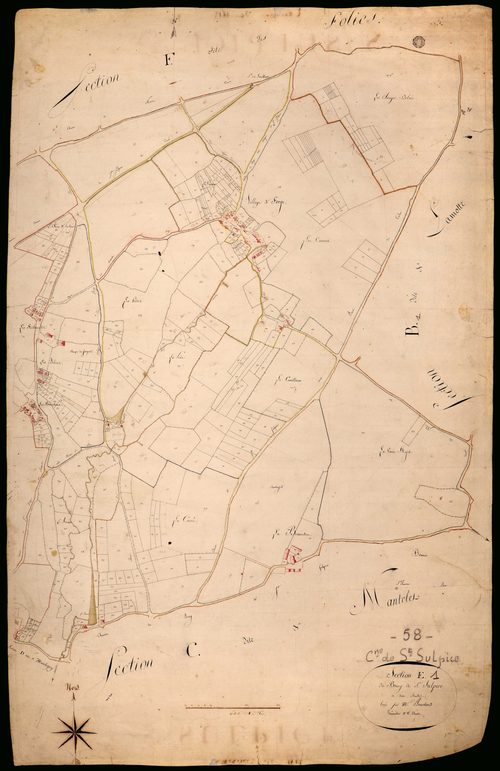 Saint-Sulpice, cadastre ancien : plan parcellaire de la section E dite du Bourg, feuille 1