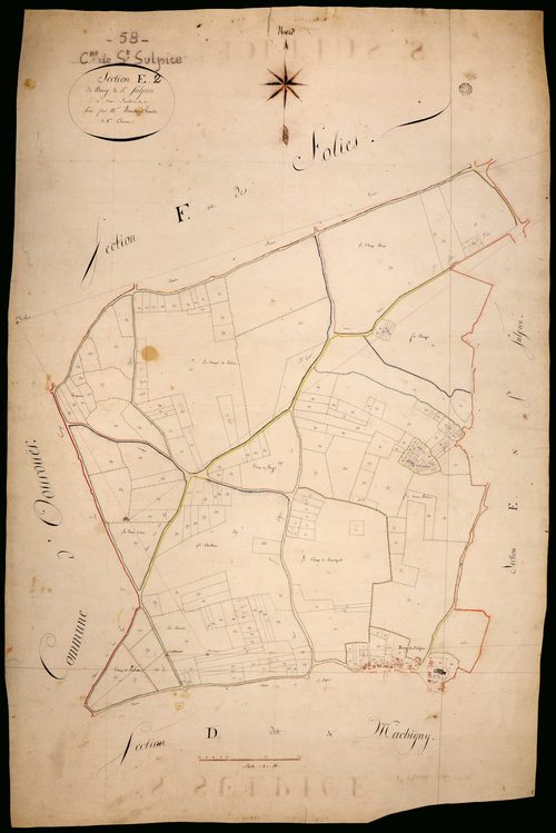 Saint-Sulpice, cadastre ancien : plan parcellaire de la section E dite du Bourg, feuille 2