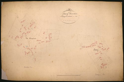 Saxi-Bourdon, cadastre ancien : plan parcellaire de la section B dite de Saxy, feuille 2 et de la section C dite des Simonots, feuille 2, développement