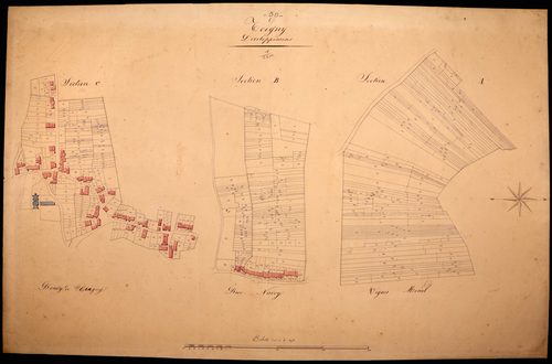 Teigny, cadastre ancien : plan parcellaire de la section A dite de la Vignotte, feuille 2, de la section B dite de la Rue Narcy et de la section C dite du Bourg, développement