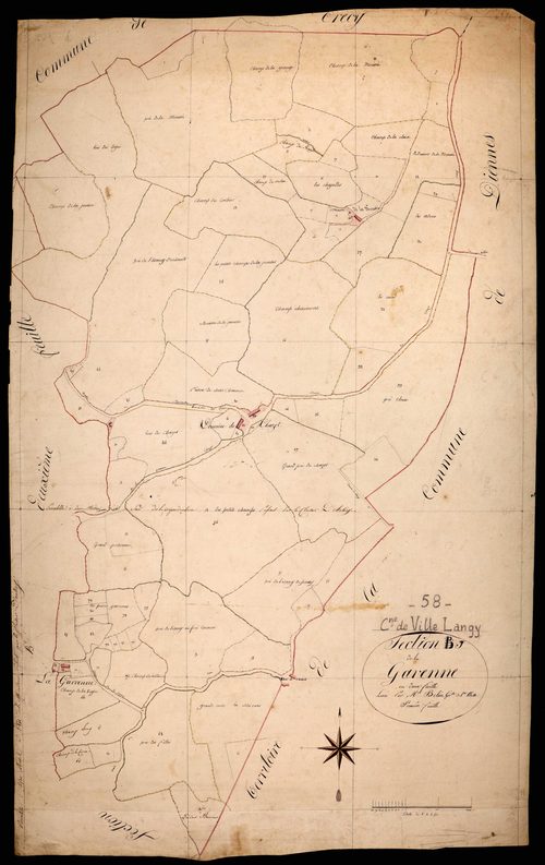 Ville-Langy, cadastre ancien : plan parcellaire de la section J dite de la Garenne, feuille 1