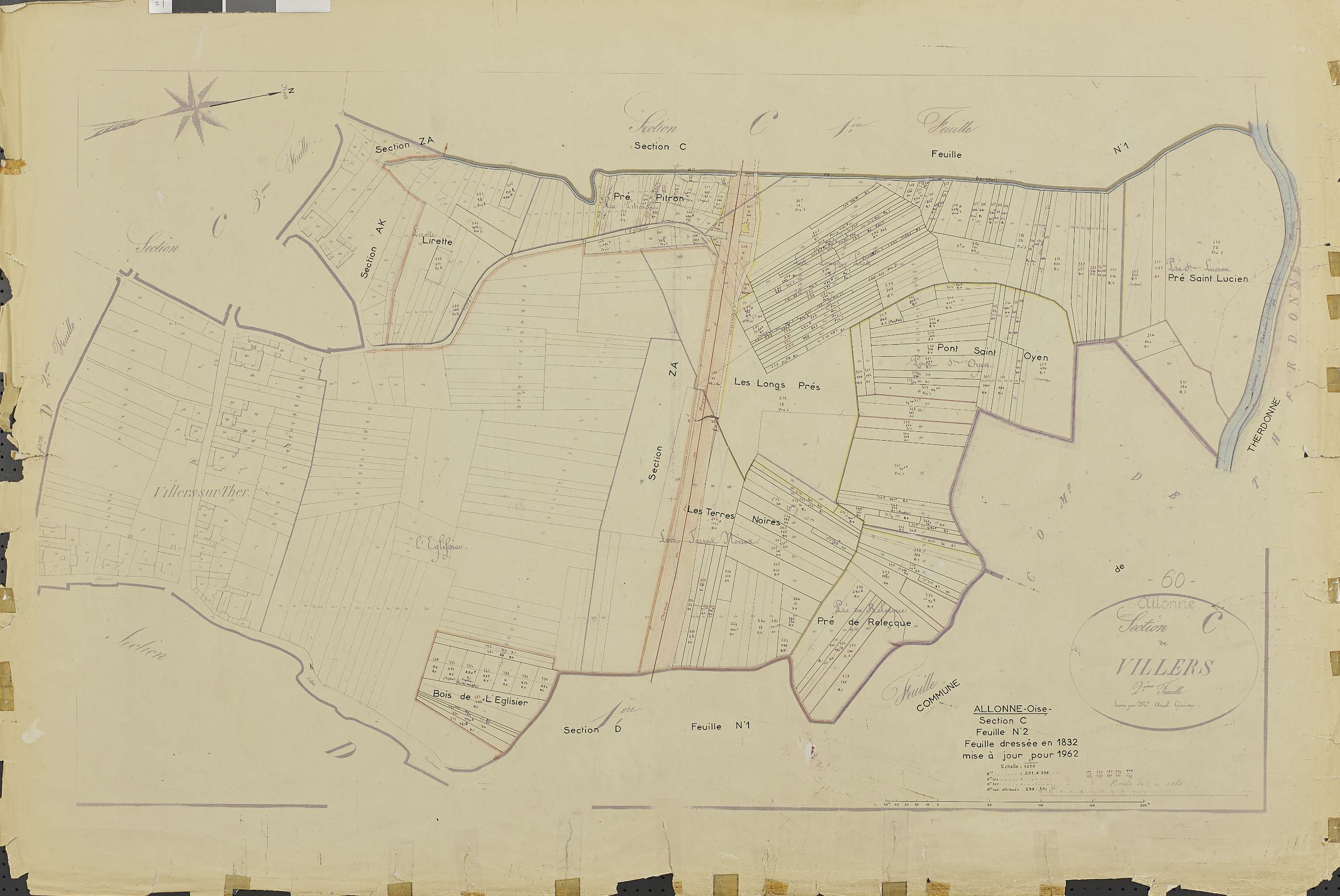 Allonne - Cadastre rénové, section C, feuille 2, document de travail sur fond de cadastre napoléonien
