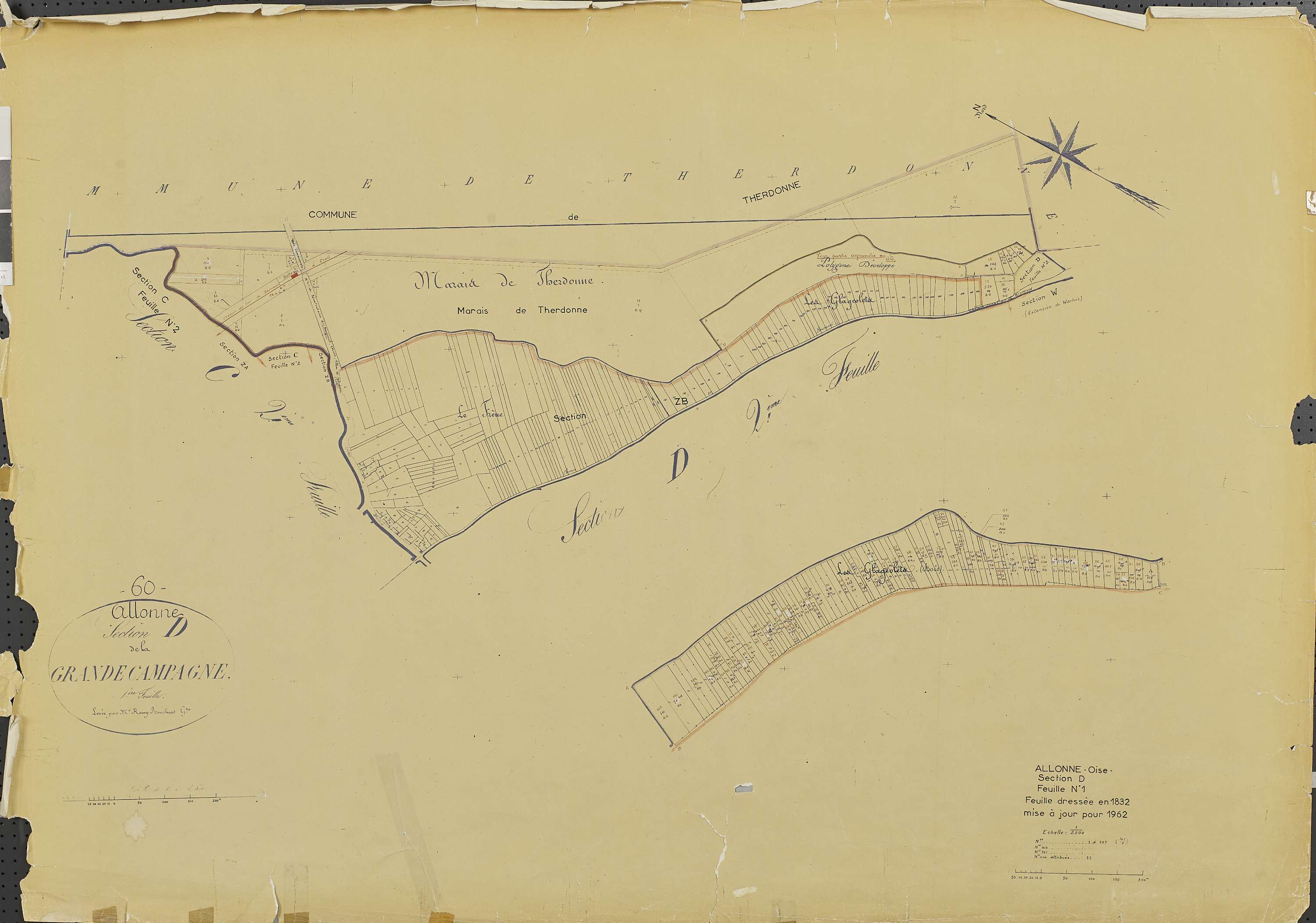 Allonne - Cadastre rénové, section D, feuille 1, document de travail sur fond de cadastre napoléonien