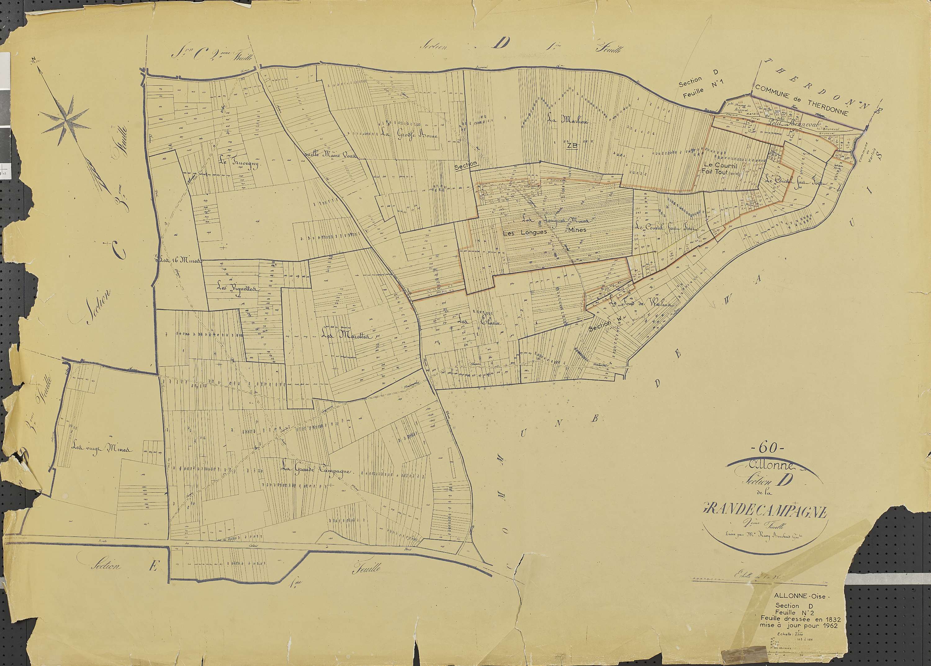 Allonne - Cadastre rénové, section D, feuille 2, document de travail sur fond de cadastre napoléonien