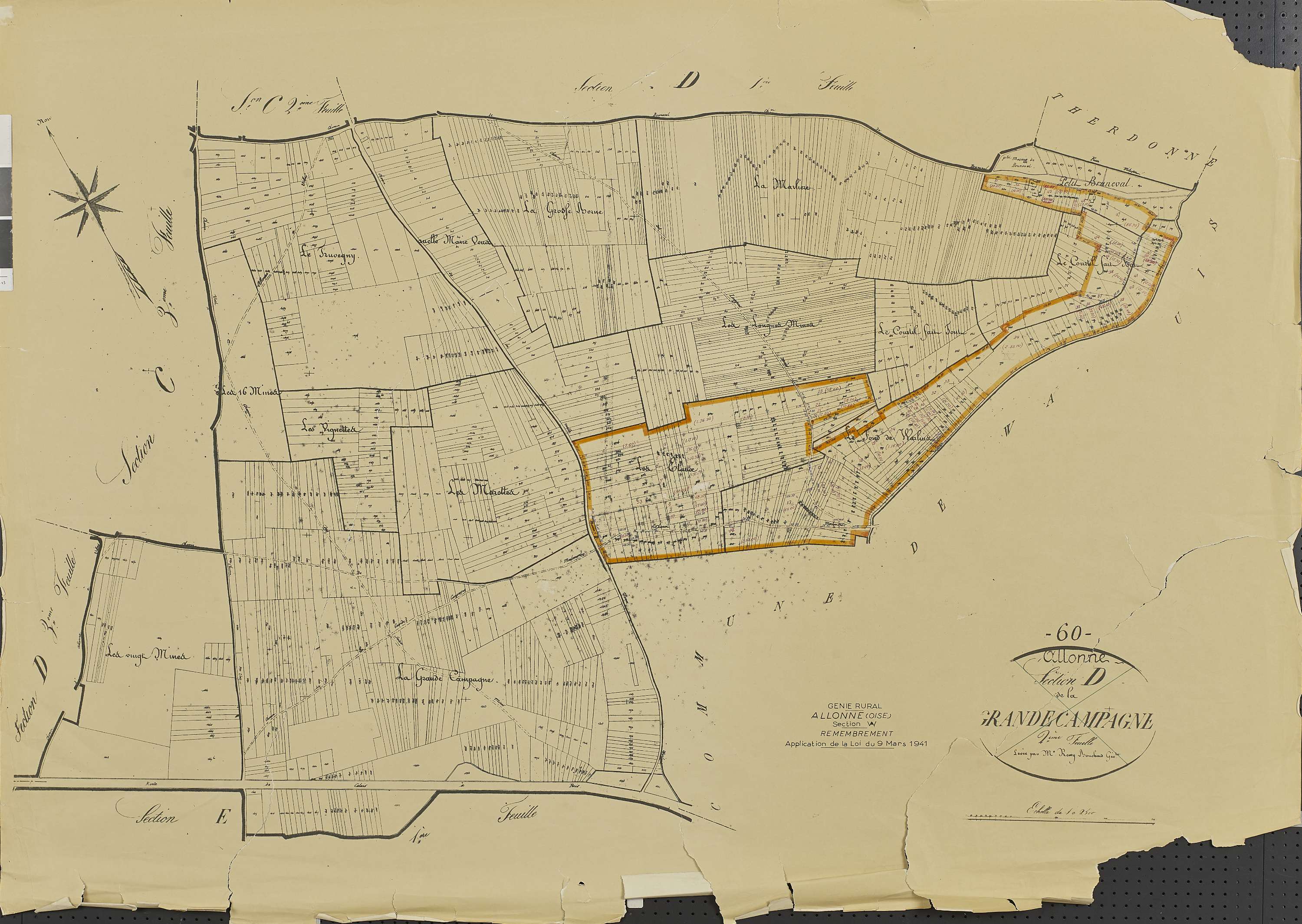 Allonne - Remembrement rural, section W, document de travail sur fond de cadastre napoléonien section D
