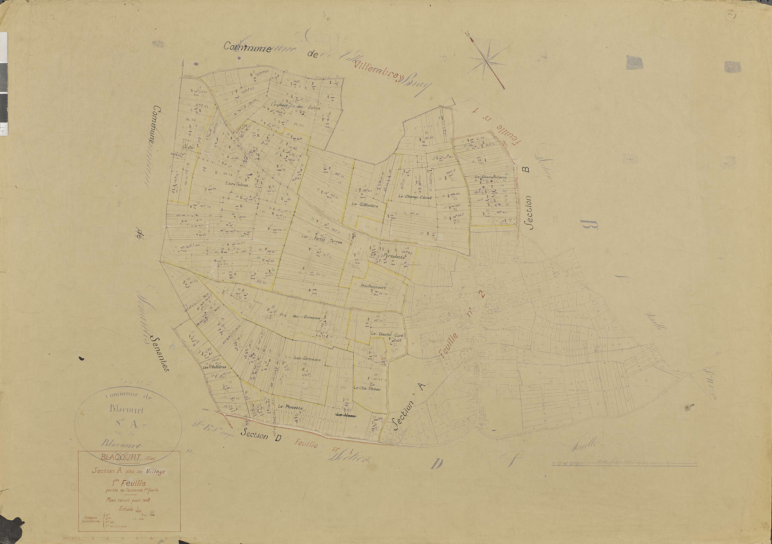 Blacourt - Cadastre rénové, section A, feuille 1, document de travail sur fond de cadastre napoléonien