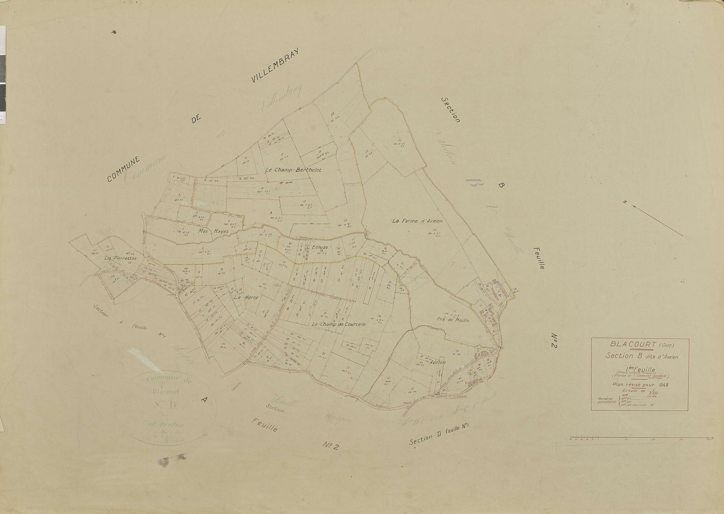 Blacourt - Cadastre rénové, section B, feuille 1, document de travail sur fond de cadastre napoléonien