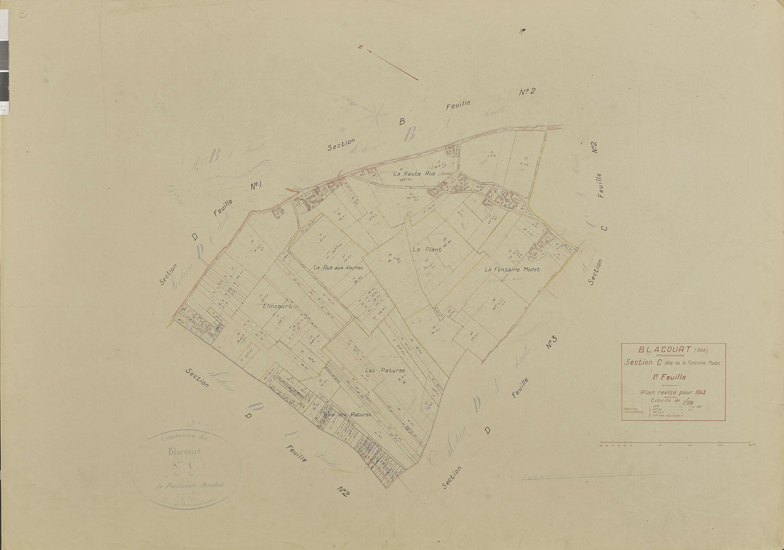 Blacourt - Cadastre rénové, section C, feuille 1, document de travail sur fond de cadastre napoléonien