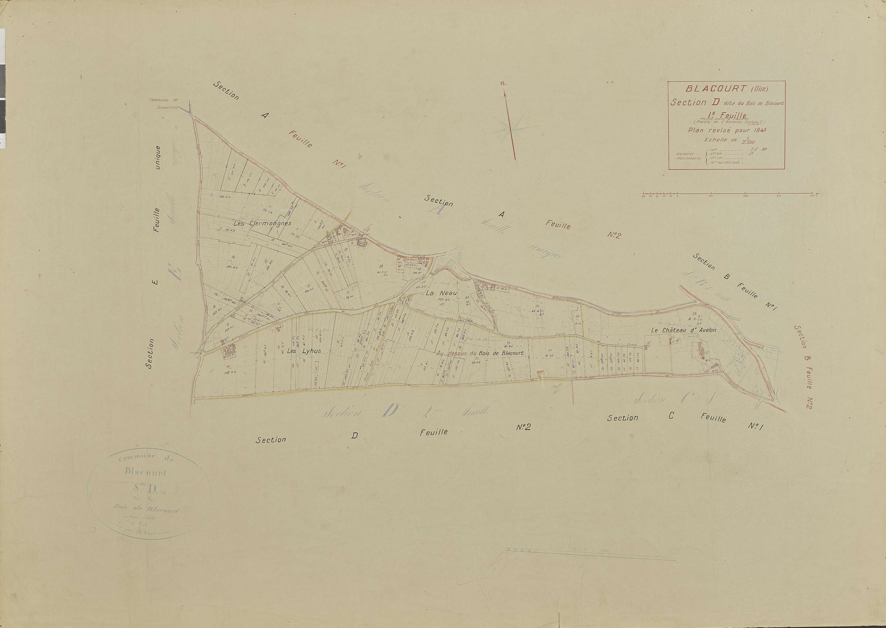 Blacourt - Cadastre rénové, section D, feuille 1, document de travail sur fond de cadastre napoléonien