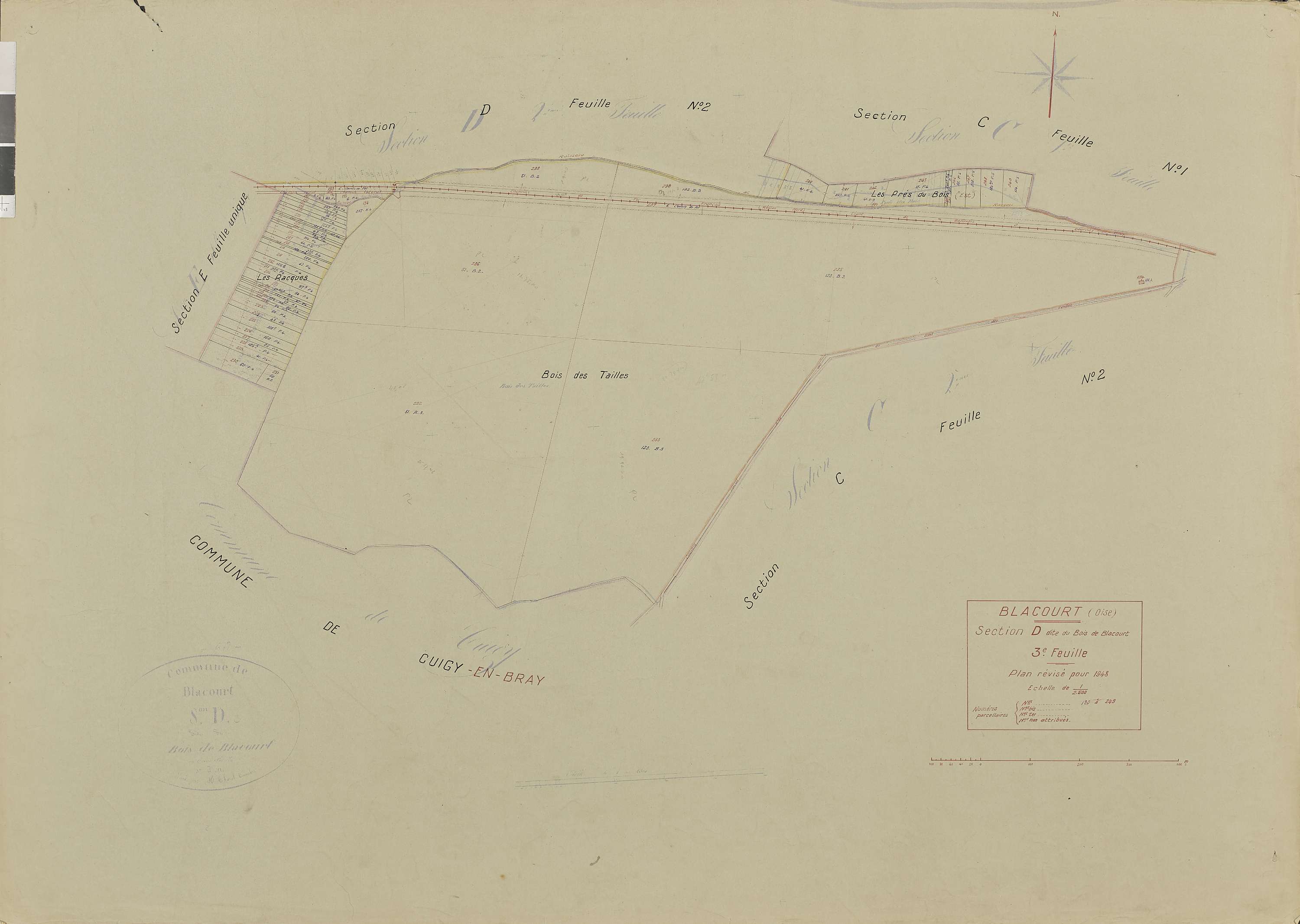 Blacourt - Cadastre rénové, section D, feuille 3, document de travail sur fond de cadastre napoléonien