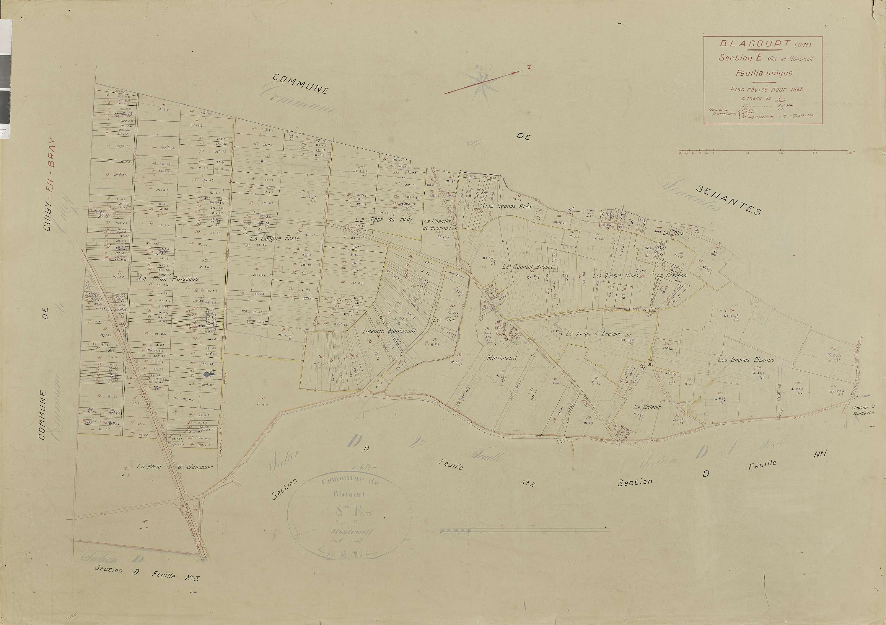 Blacourt - Cadastre rénové, section E, document de travail sur fond de cadastre napoléonien