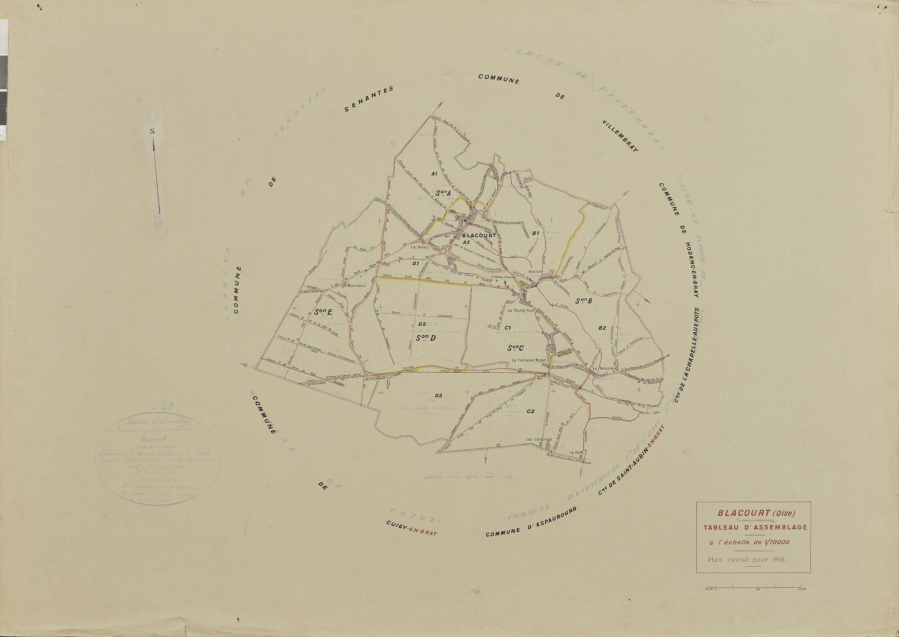 Blacourt - Cadastre rénové, tableau d'assemblage, document de travail sur fond de cadastre napoléonien