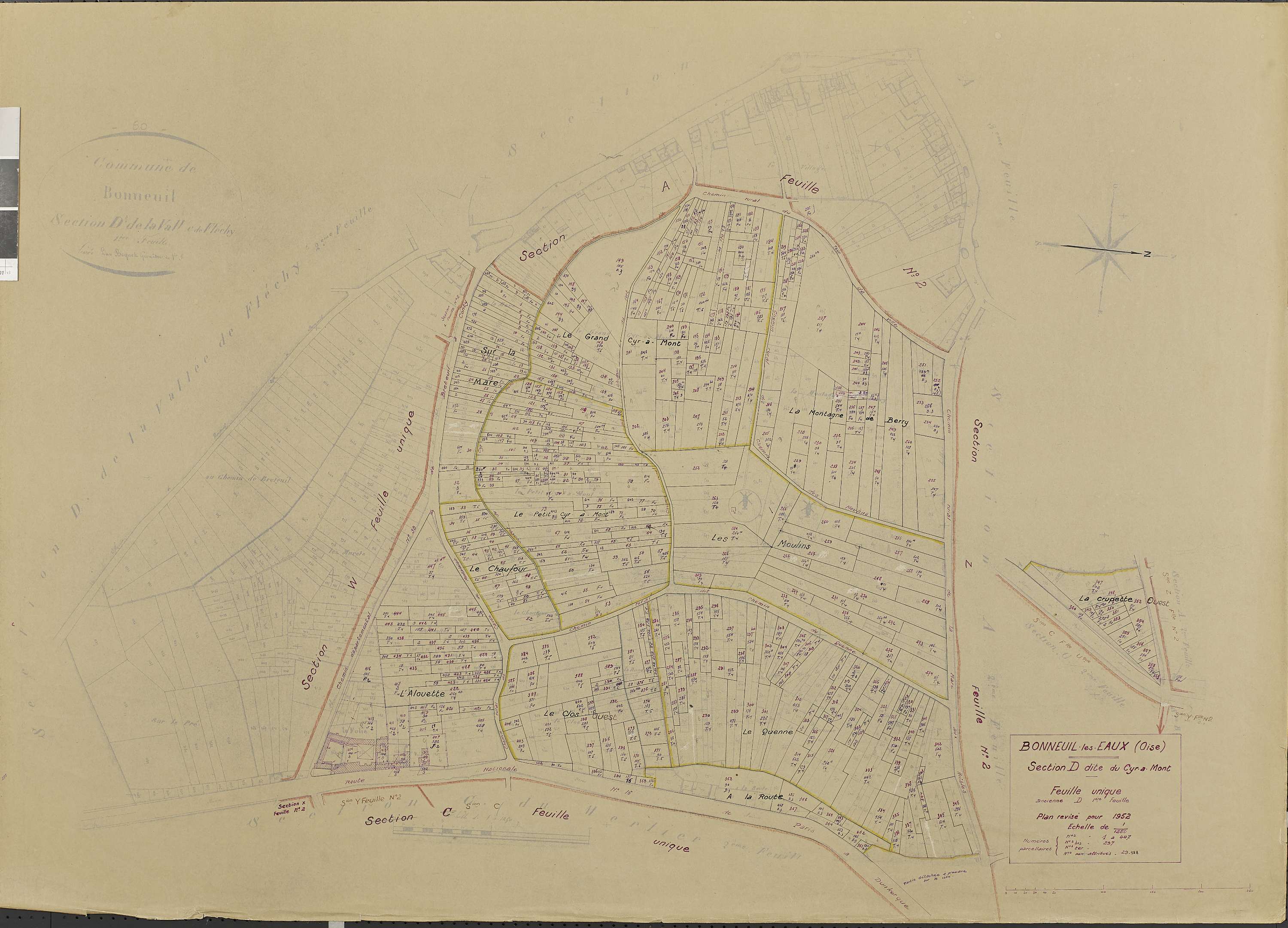 Bonneuil-les-Eaux - Cadastre rénové, section D, document de travail sur fonds de cadastre napoléonien