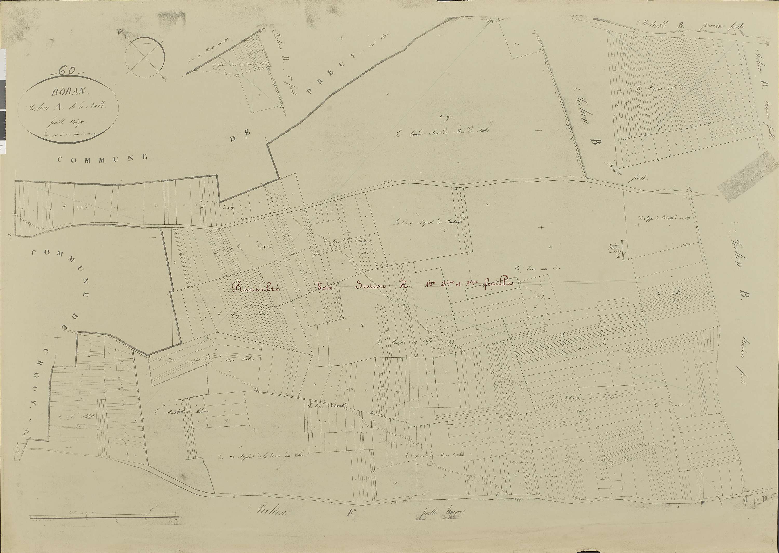 Boran-sur-Oise - Remembrement rural, section A , document de travail sur fond de cadastre napoléonien