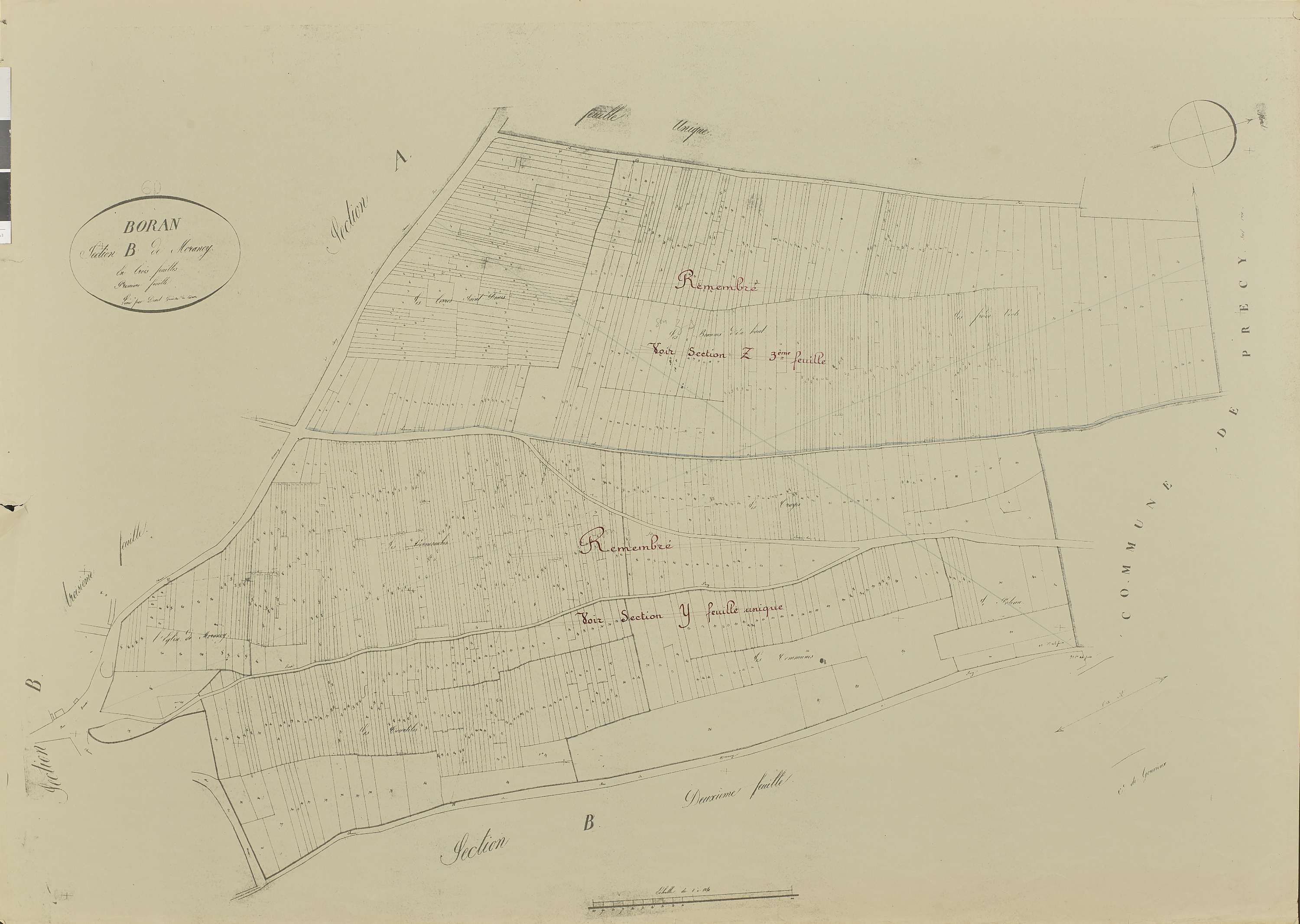 Boran-sur-Oise - Remembrement rural, section B, feuille 1, document de travail sur fond de cadastre napoléonien
