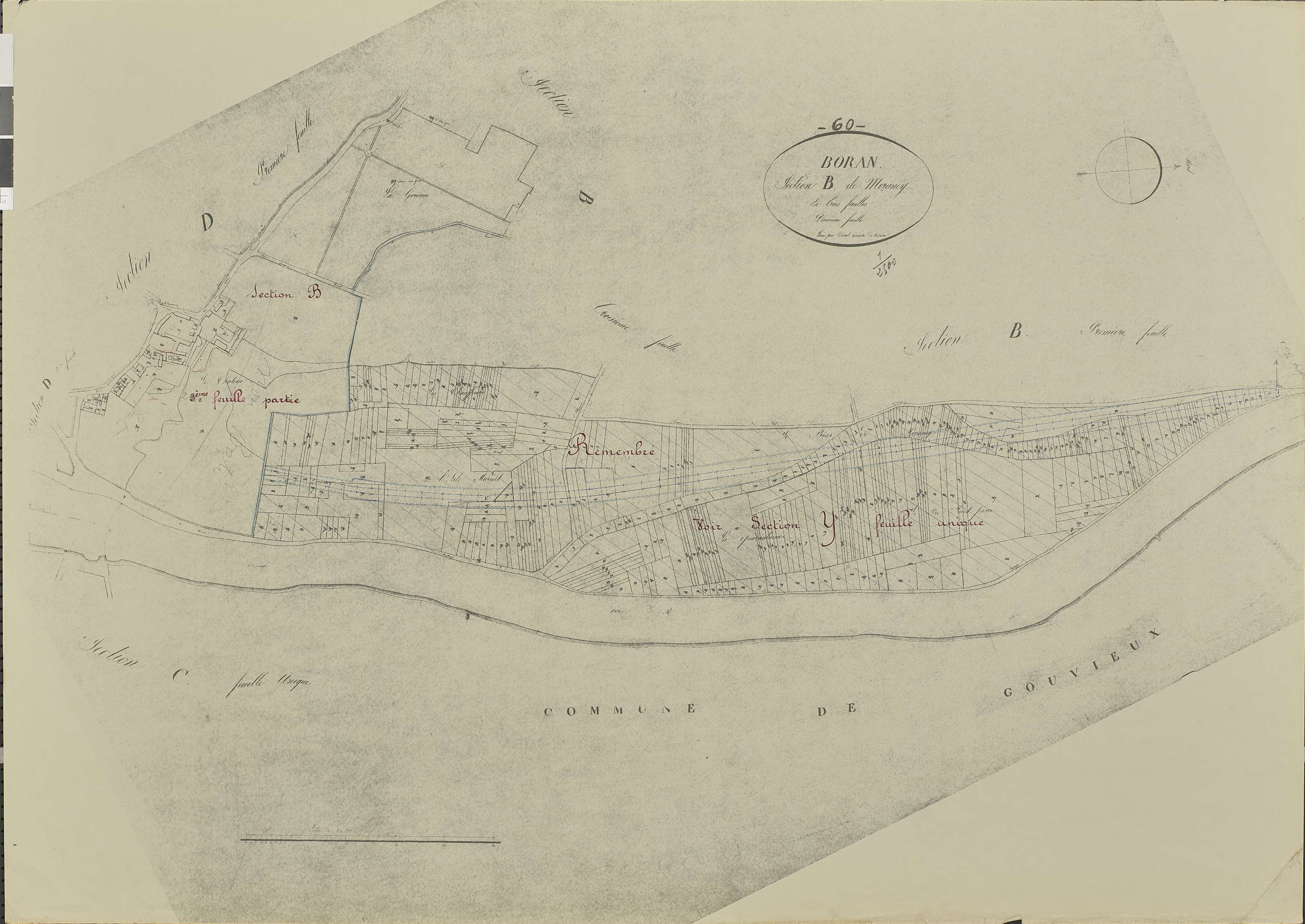 Boran-sur-Oise - Remembrement rural, section B, feuille 2, document de travail sur fond de cadastre napoléonien