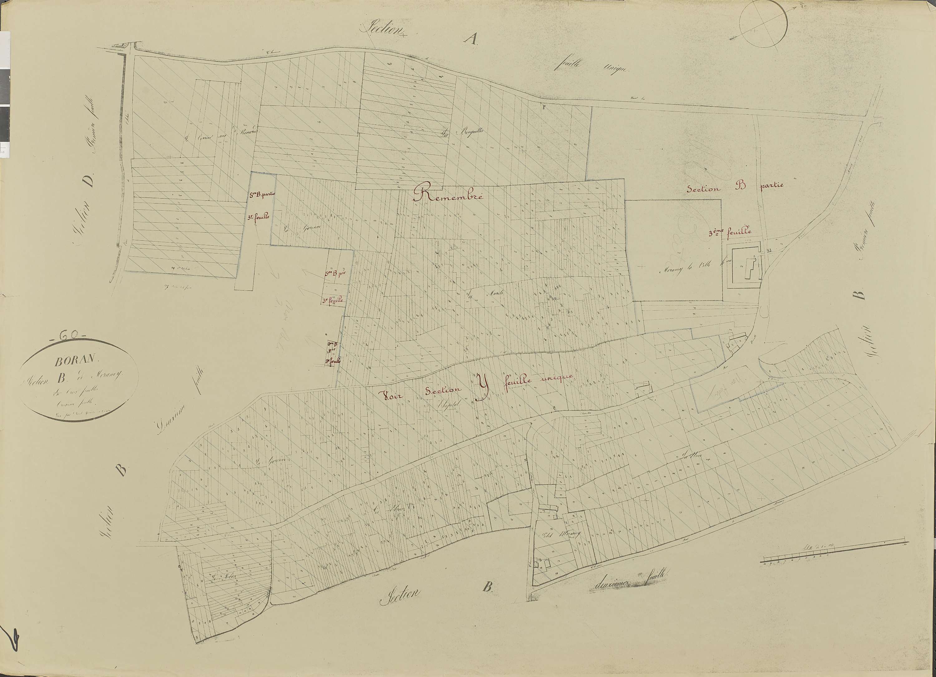 Boran-sur-Oise - Remembrement rural, section B, feuille 3, document de travail sur fond de cadastre napoléonien