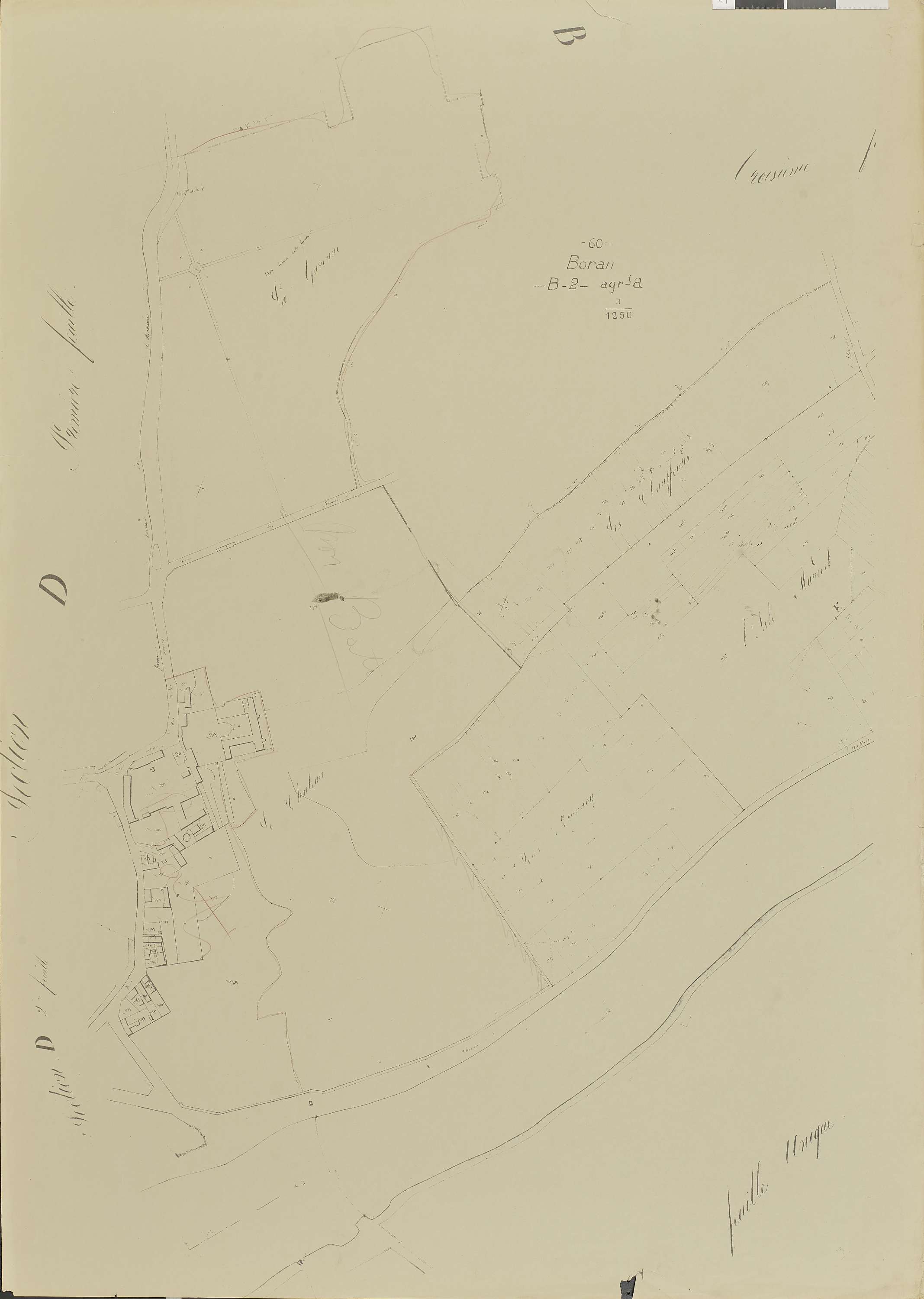 Boran-sur-Oise - Remembrement rural, section B, document de travail sur fond de cadastre napoléonien