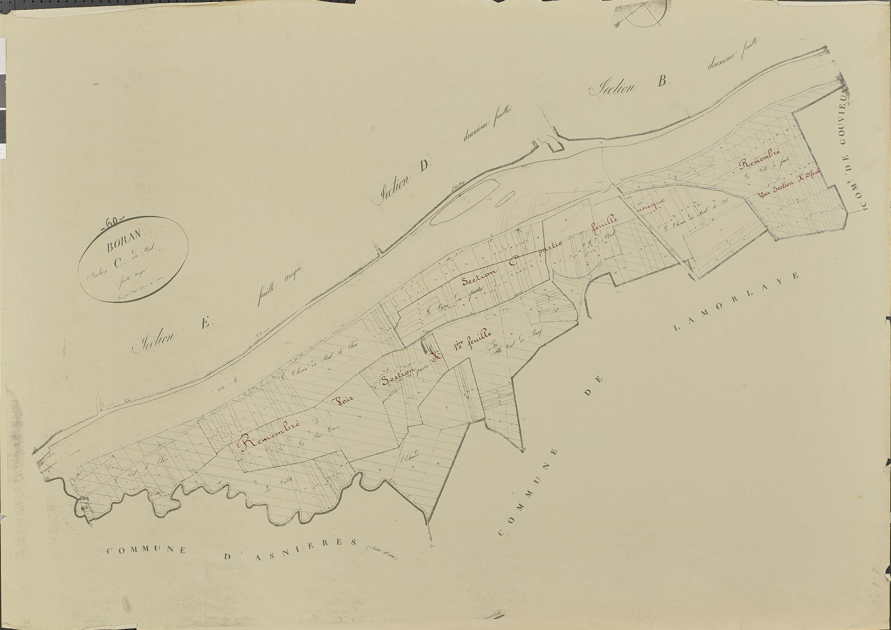 Boran-sur-Oise - Remembrement rural, section C, document de travail sur fond de cadastre napoléonien