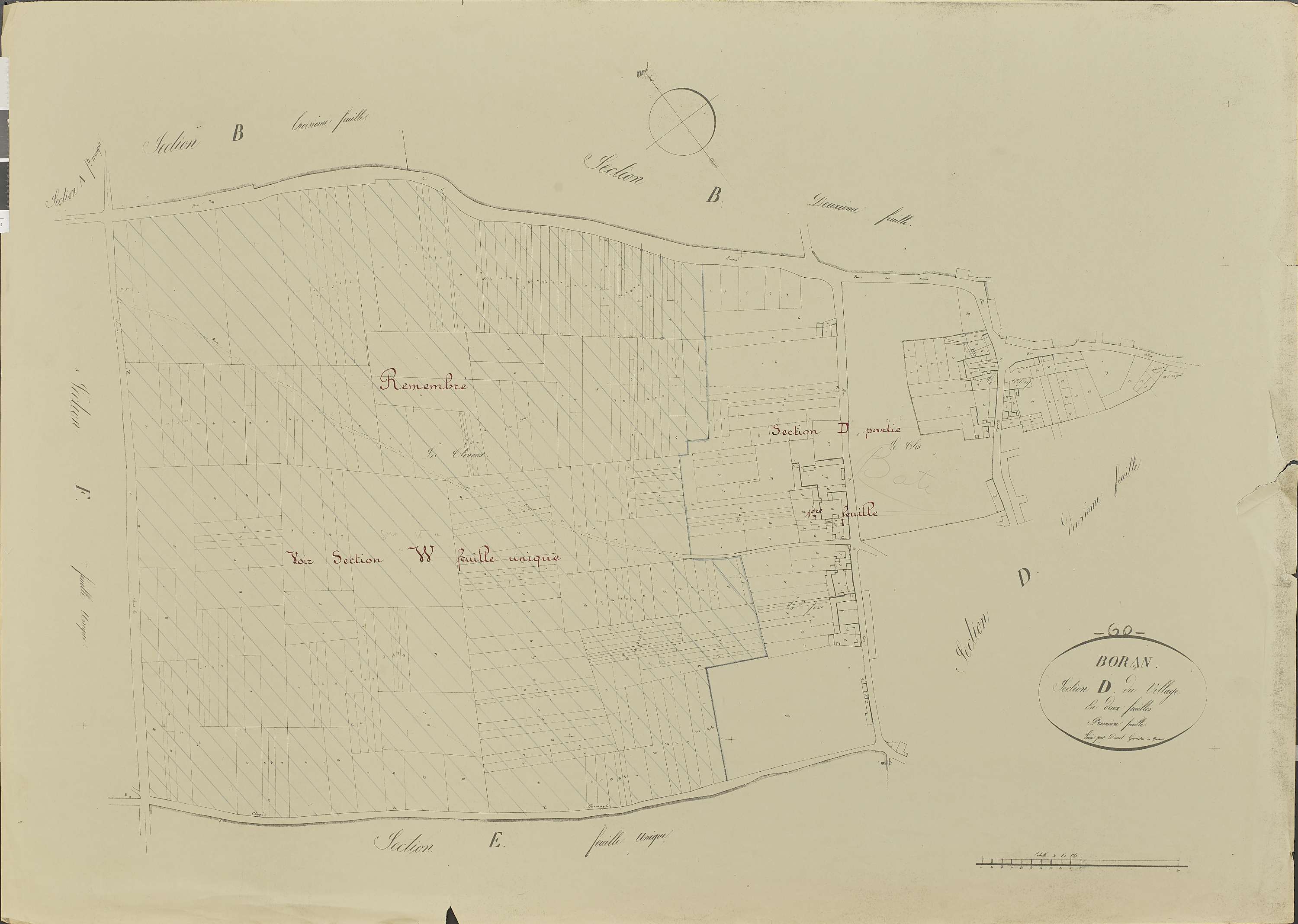 Boran-sur-Oise - Remembrement rural, section D, feuille 1, document de travail sur fond de cadastre napoléonien