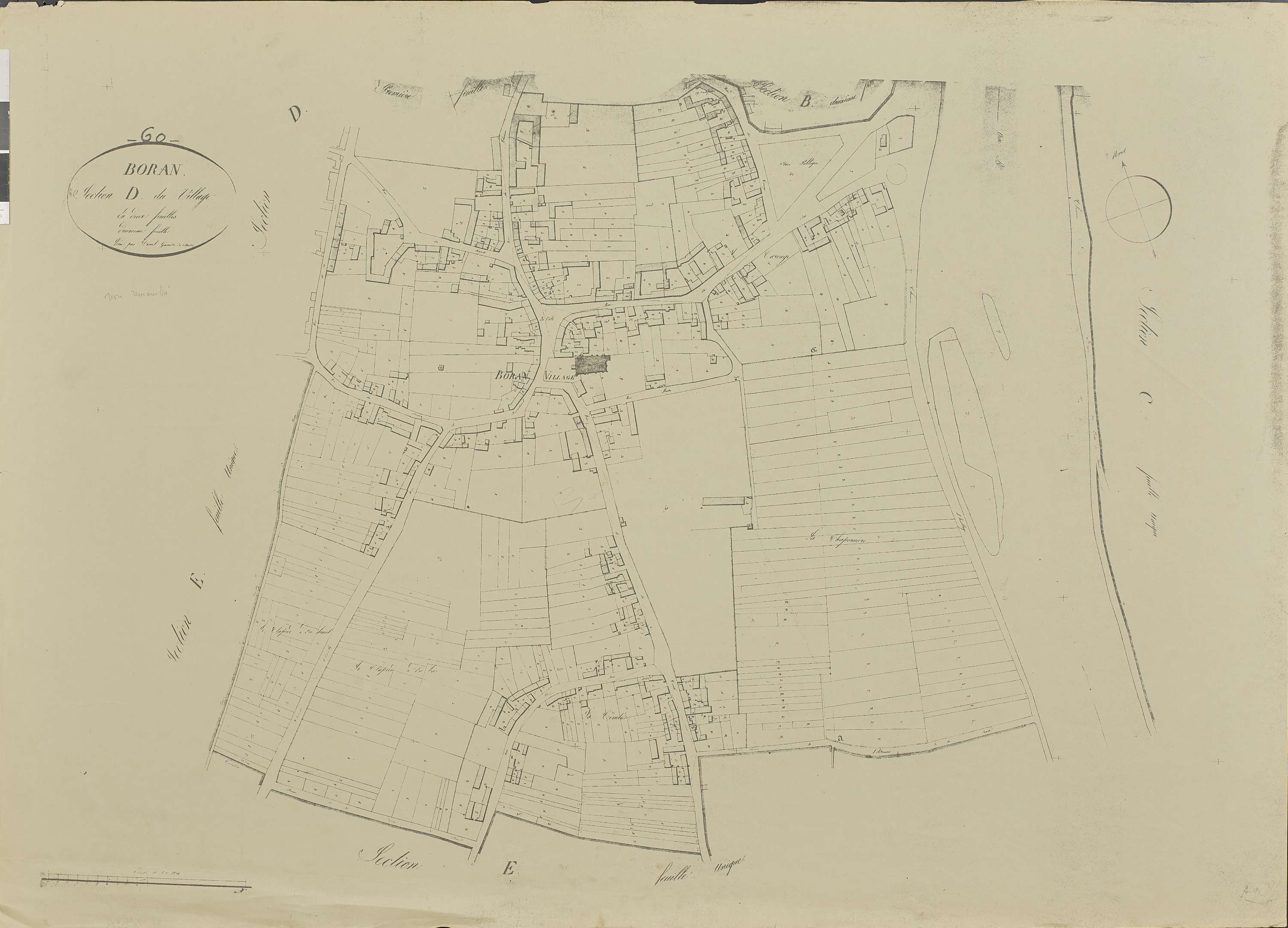 Boran-sur-Oise - Remembrement rural, section D, feuille 2, document de travail sur fond de cadastre napoléonien