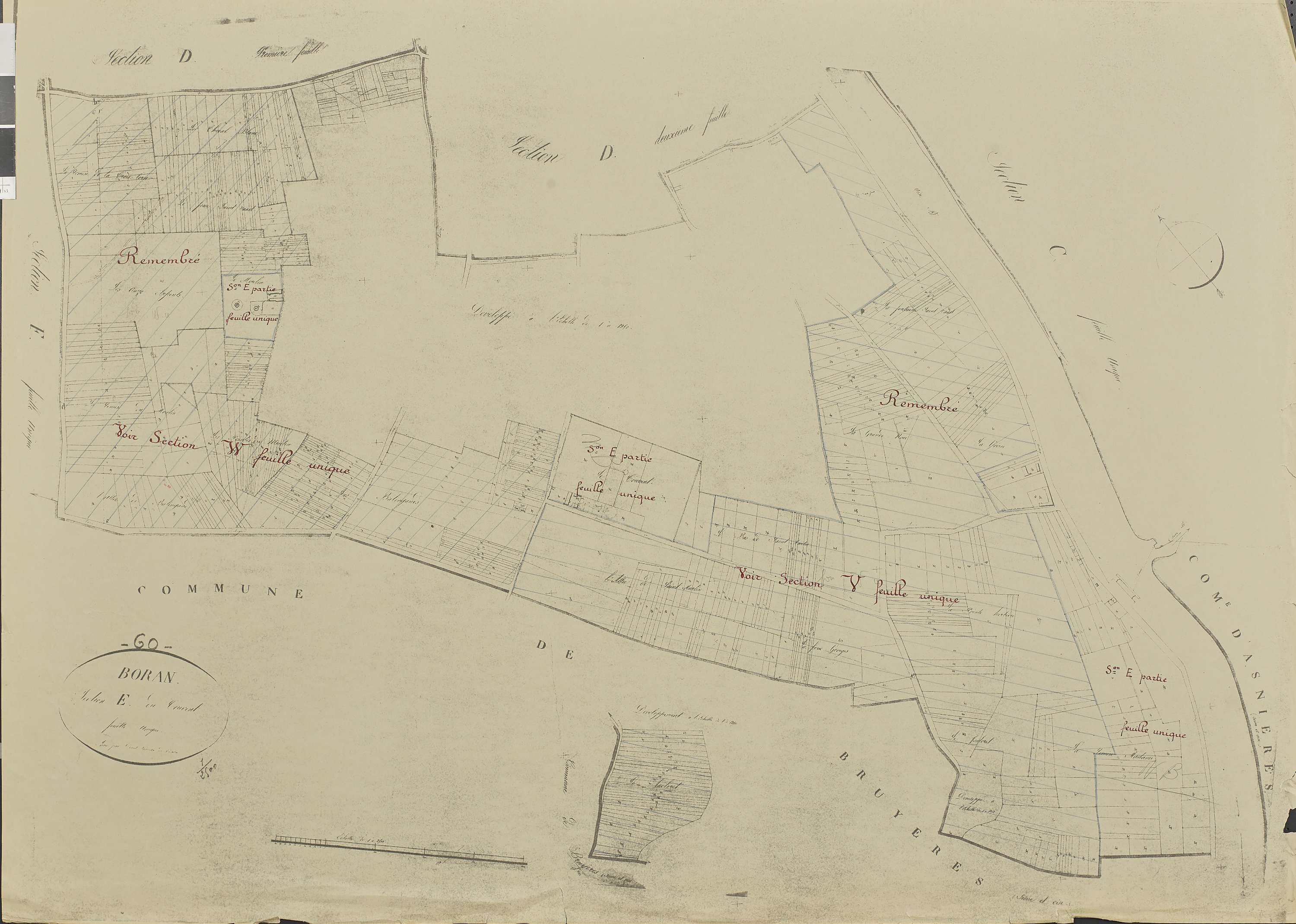 Boran-sur-Oise - Remembrement rural, section E, document de travail sur fond de cadastre napoléonien