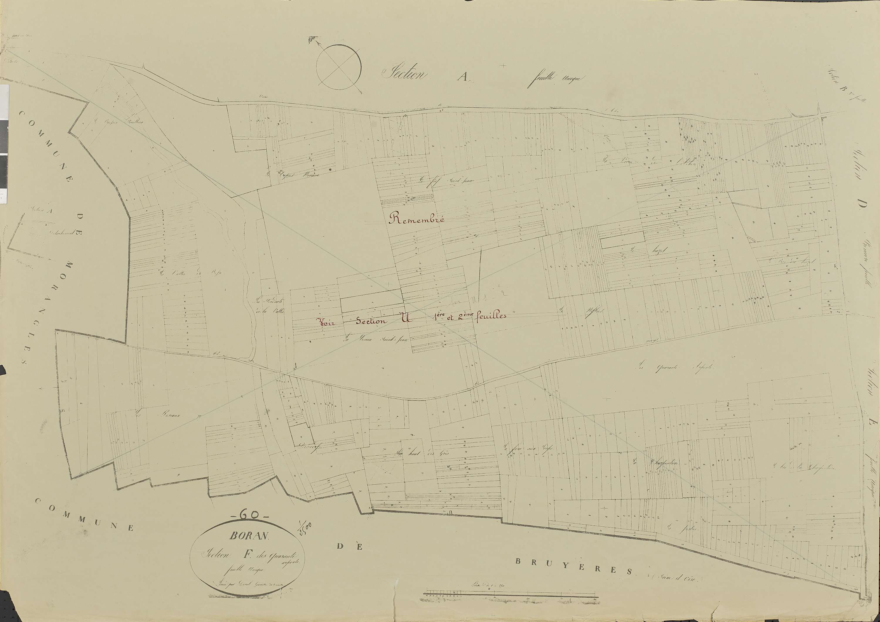Boran-sur-Oise - Remembrement rural, section F, document de travail sur fond de cadastre napoléonien