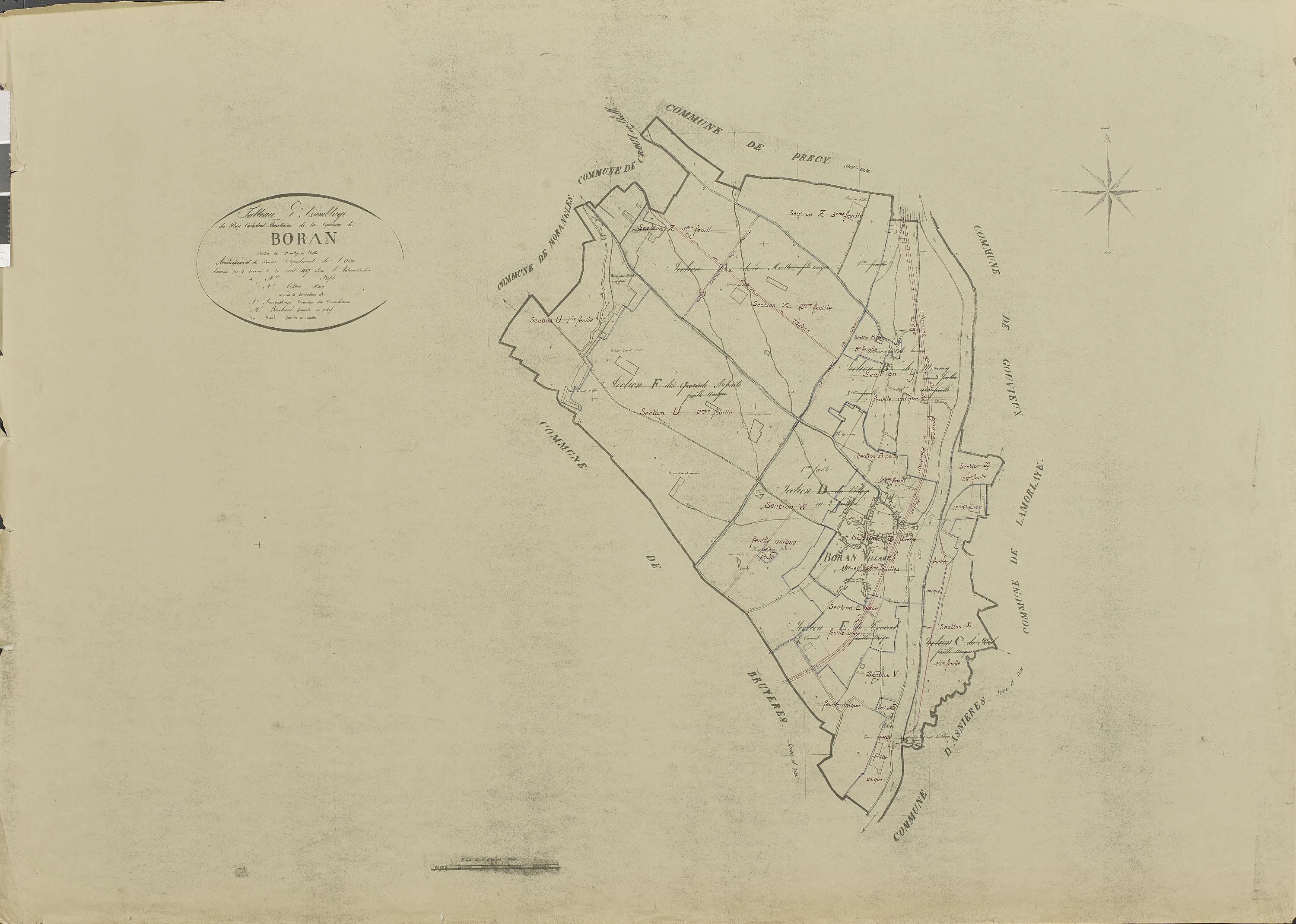 Boran-sur-Oise - Remembrement rural, tableau d'assemblage, document de travail sur fond de cadastre napoléonien