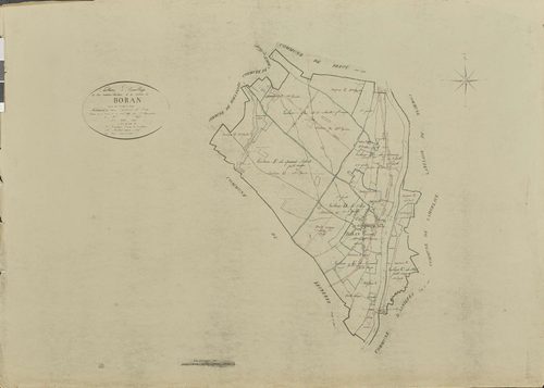 Boran-sur-Oise - Remembrement rural, tableau d'assemblage, document de travail sur fond de cadastre napoléonien