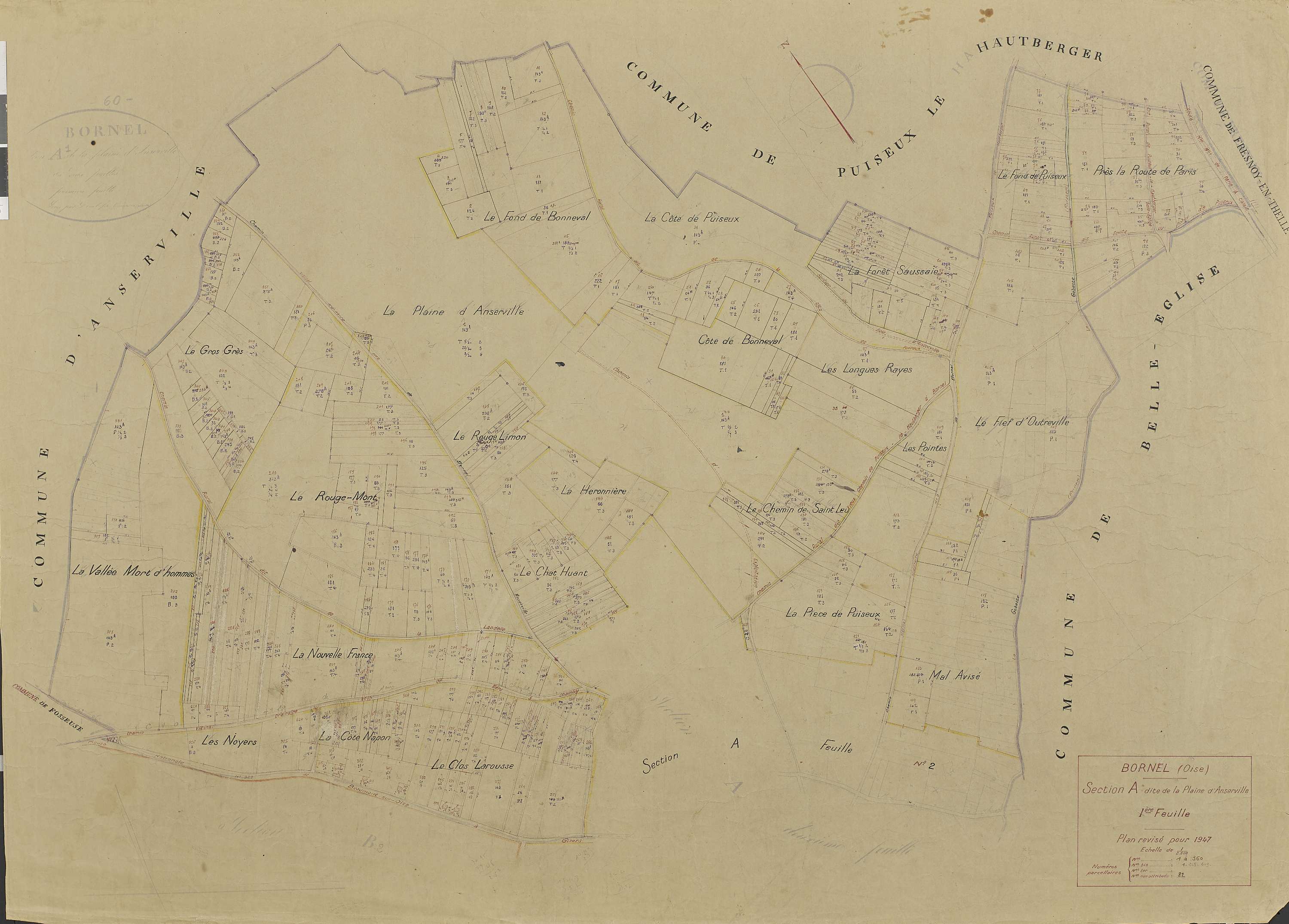 Bornel - Cadastre rénové, section A, feuille 1, document de travail sur fond de cadastre napoléonien