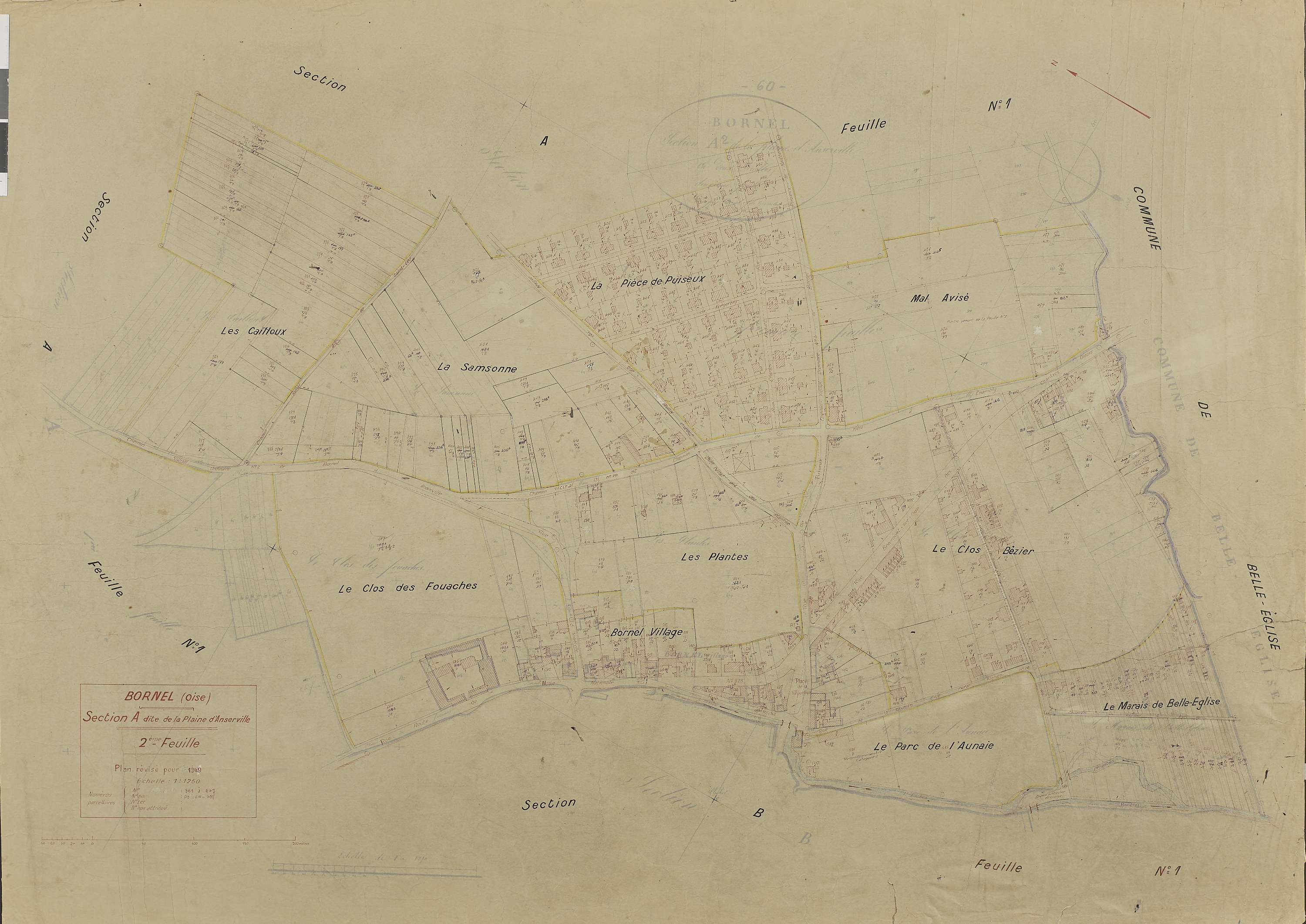 Bornel - Cadastre rénové, section A, feuille 2, document de travail sur fond de cadastre napoléonien