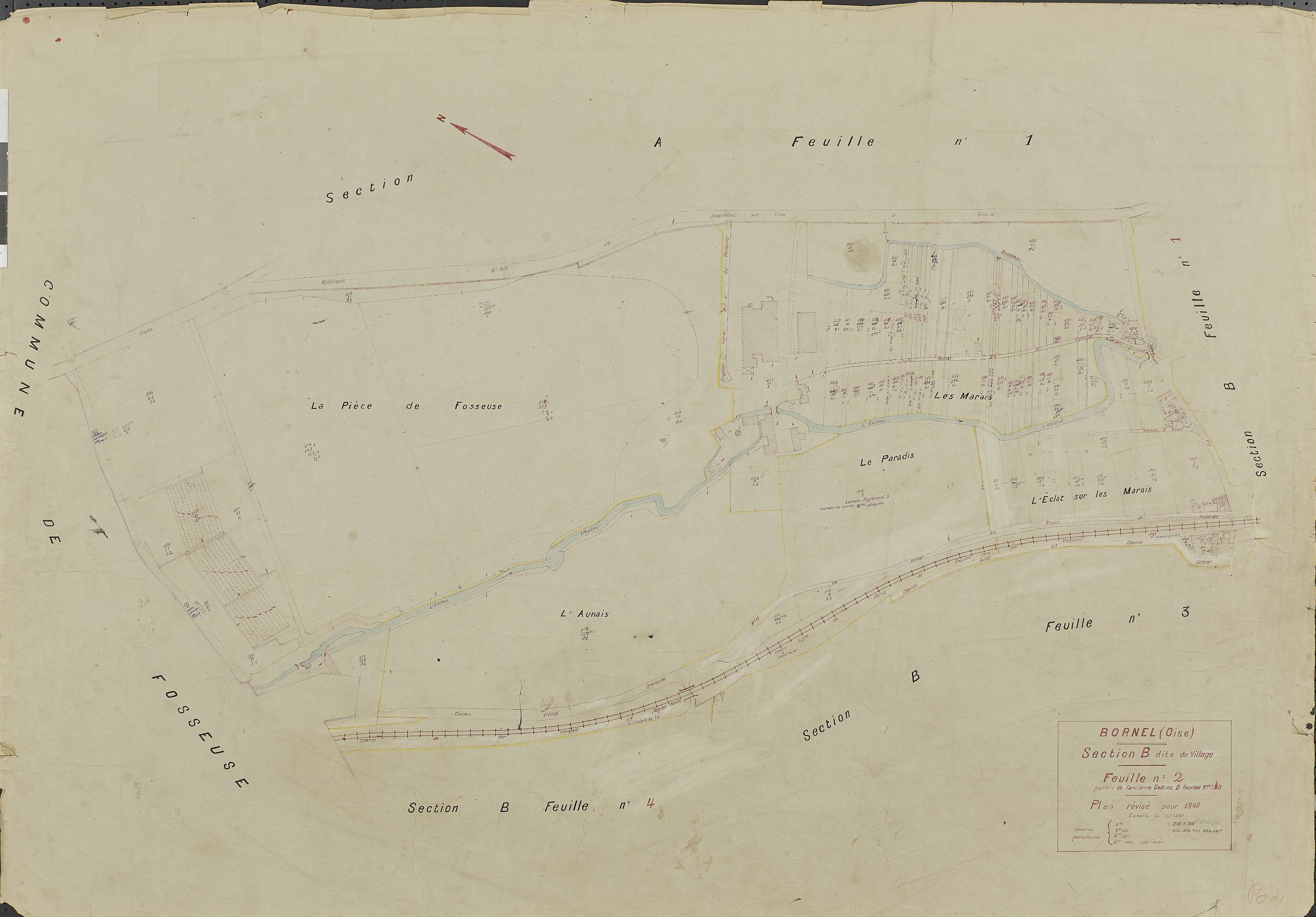 Bornel - Cadastre rénové, section B, feuille 2, document de travail sur fond de cadastre napoléonien