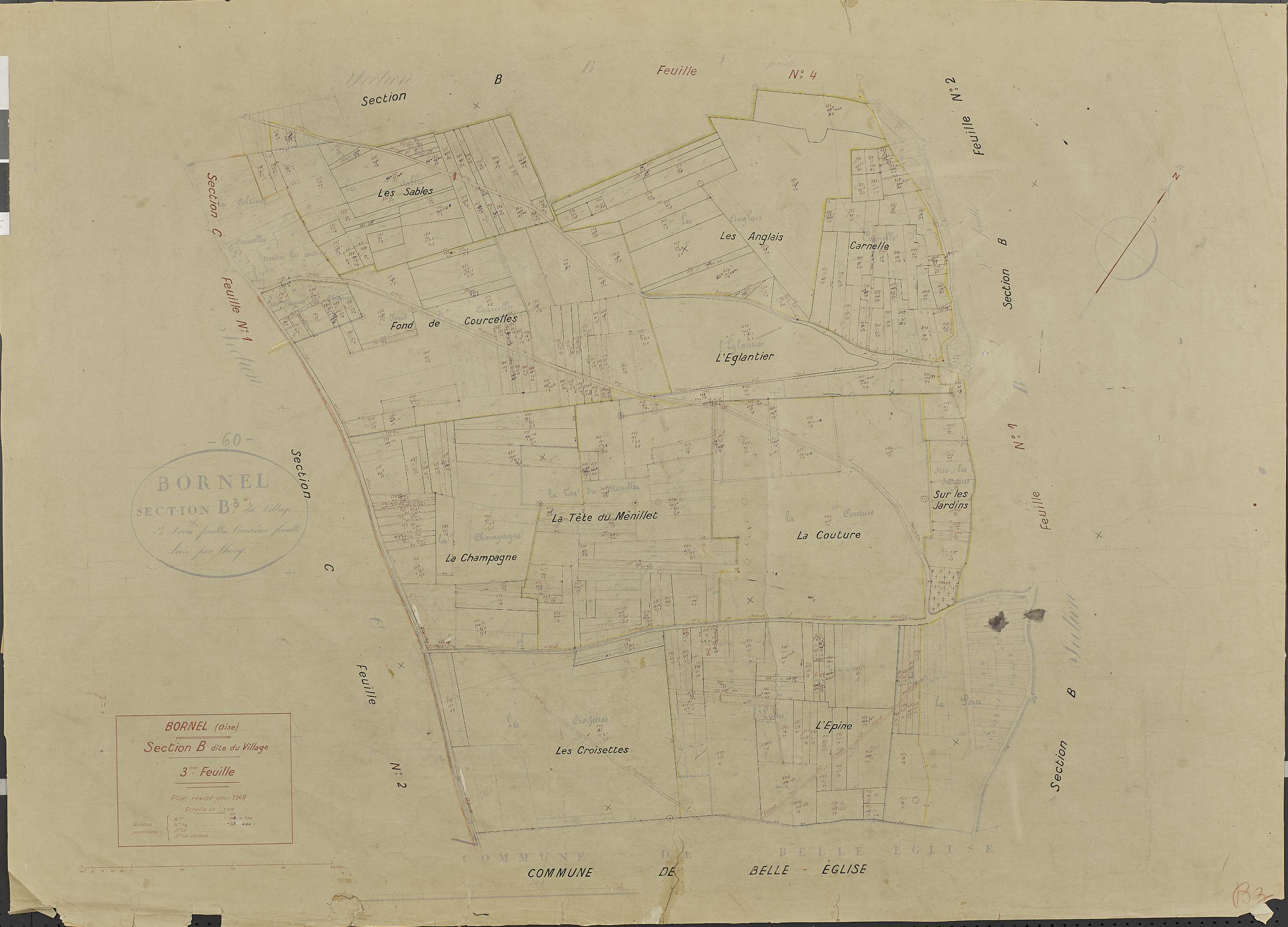 Bornel - Cadastre rénové, section B, feuille 3, document de travail sur fond de cadastre napoléonien