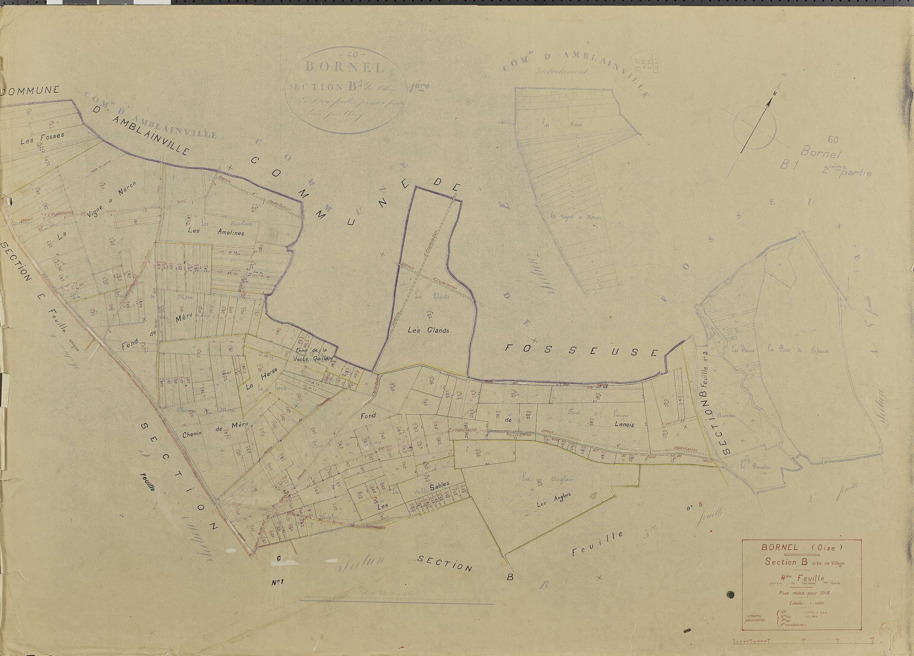 Bornel - Cadastre rénové, section B, feuille 4, document de travail sur fond de cadastre napoléonien