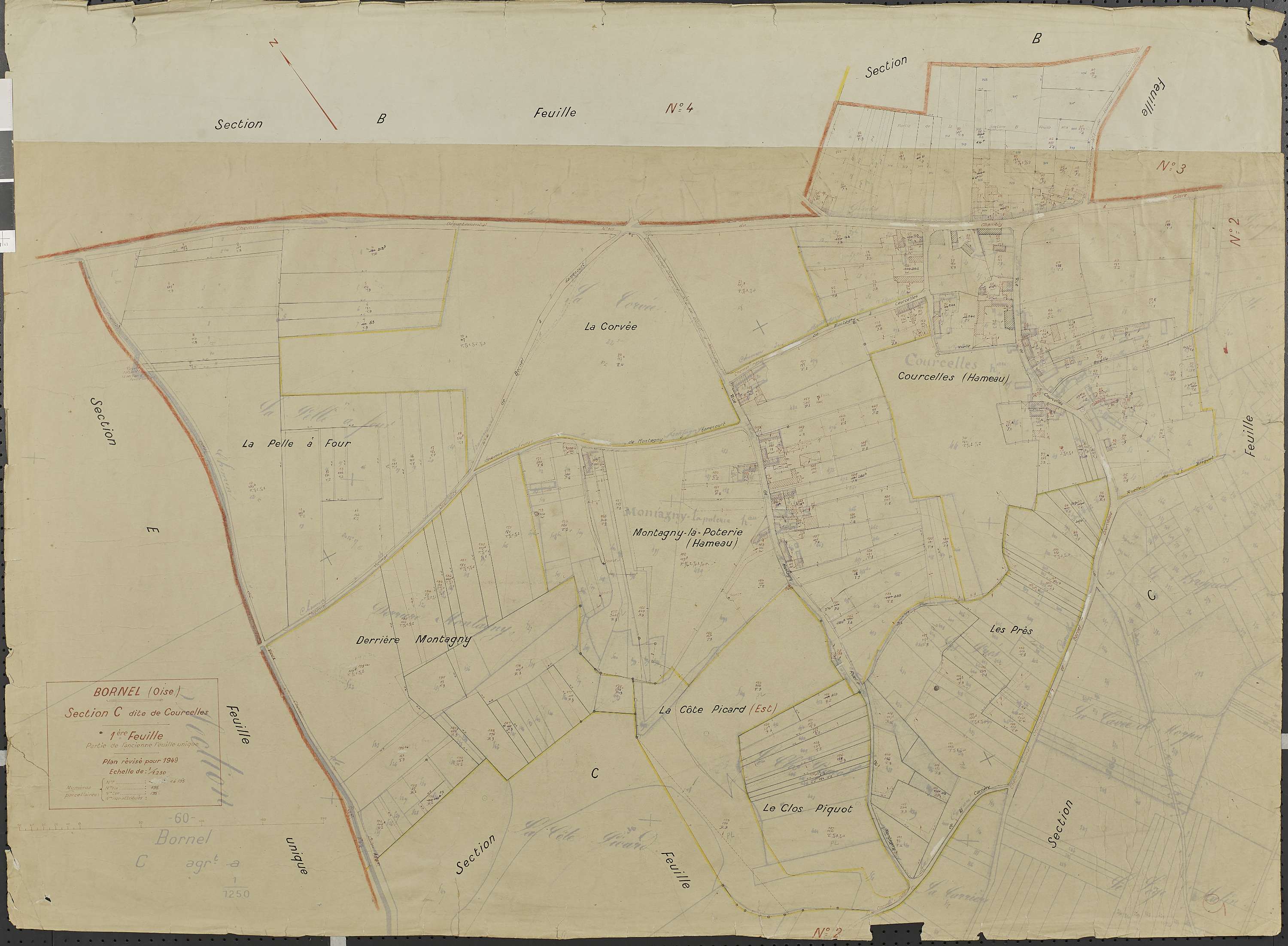 Bornel - Cadastre rénové, section C, feuille 1, document de travail sur fond de cadastre napoléonien