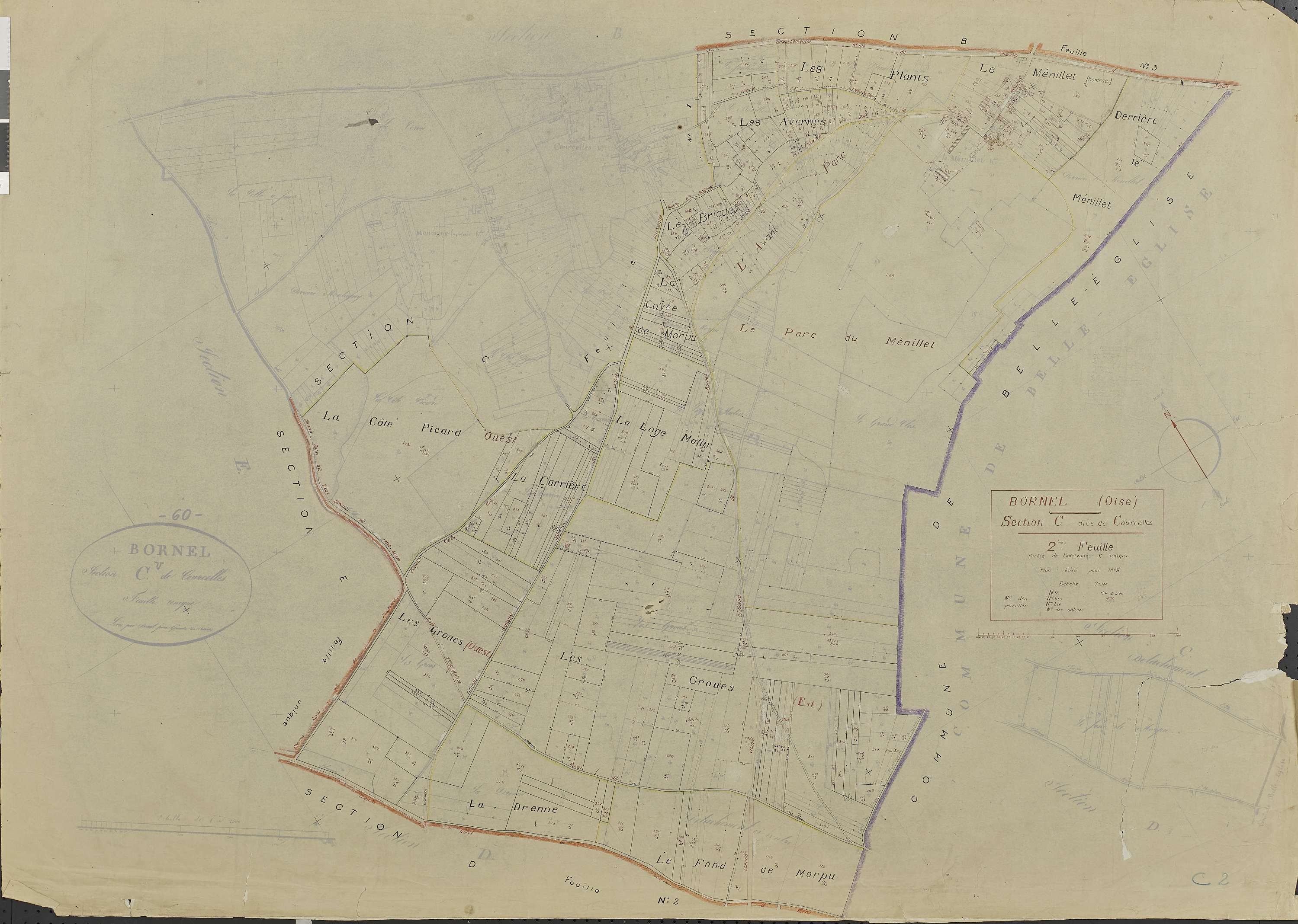 Bornel - Cadastre rénové, section C, feuille 2, document de travail sur fond de cadastre napoléonien