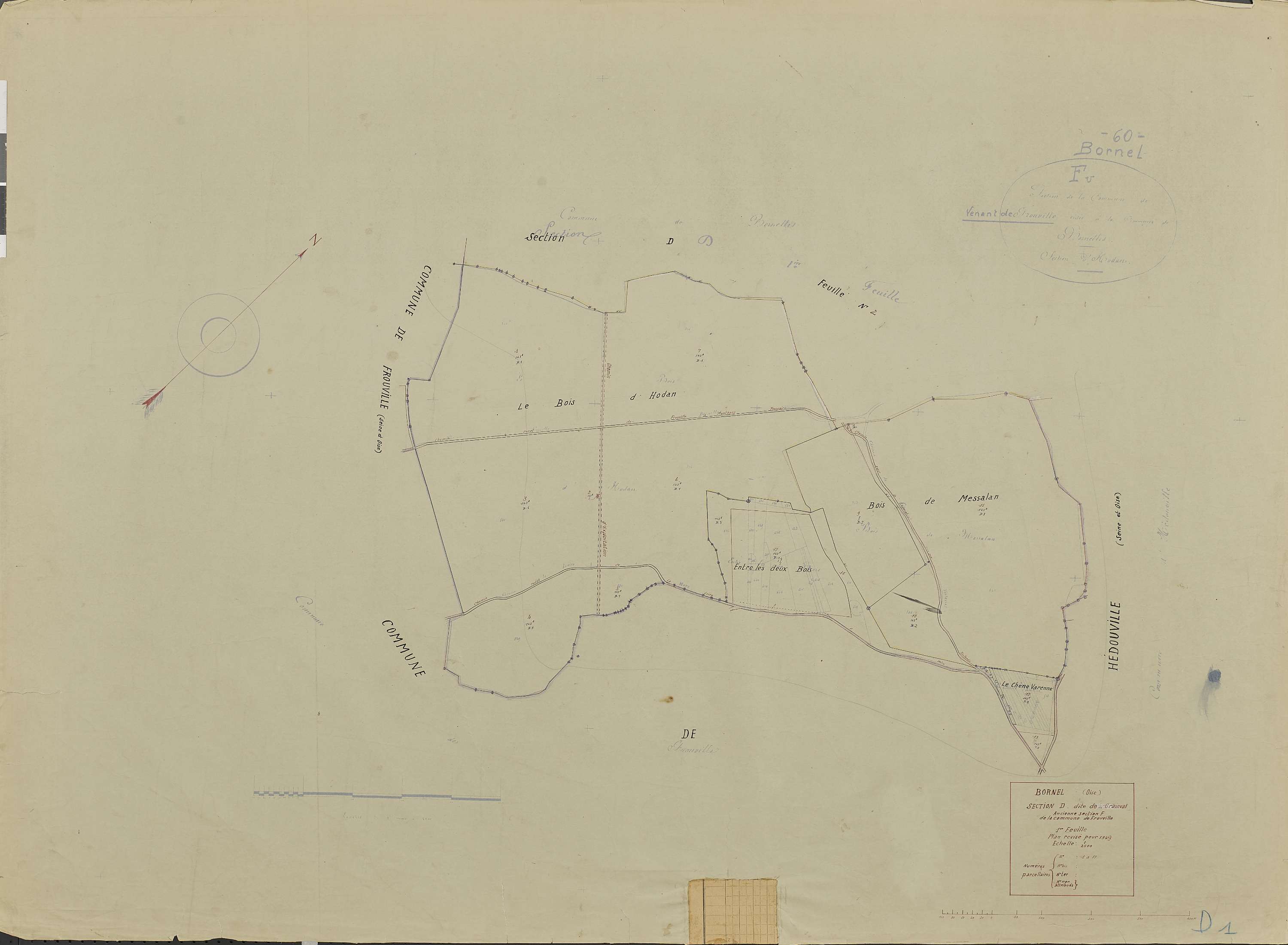 Bornel - Cadastre rénové, section D, feuille 1, document de travail sur fond de cadastre napoléonien