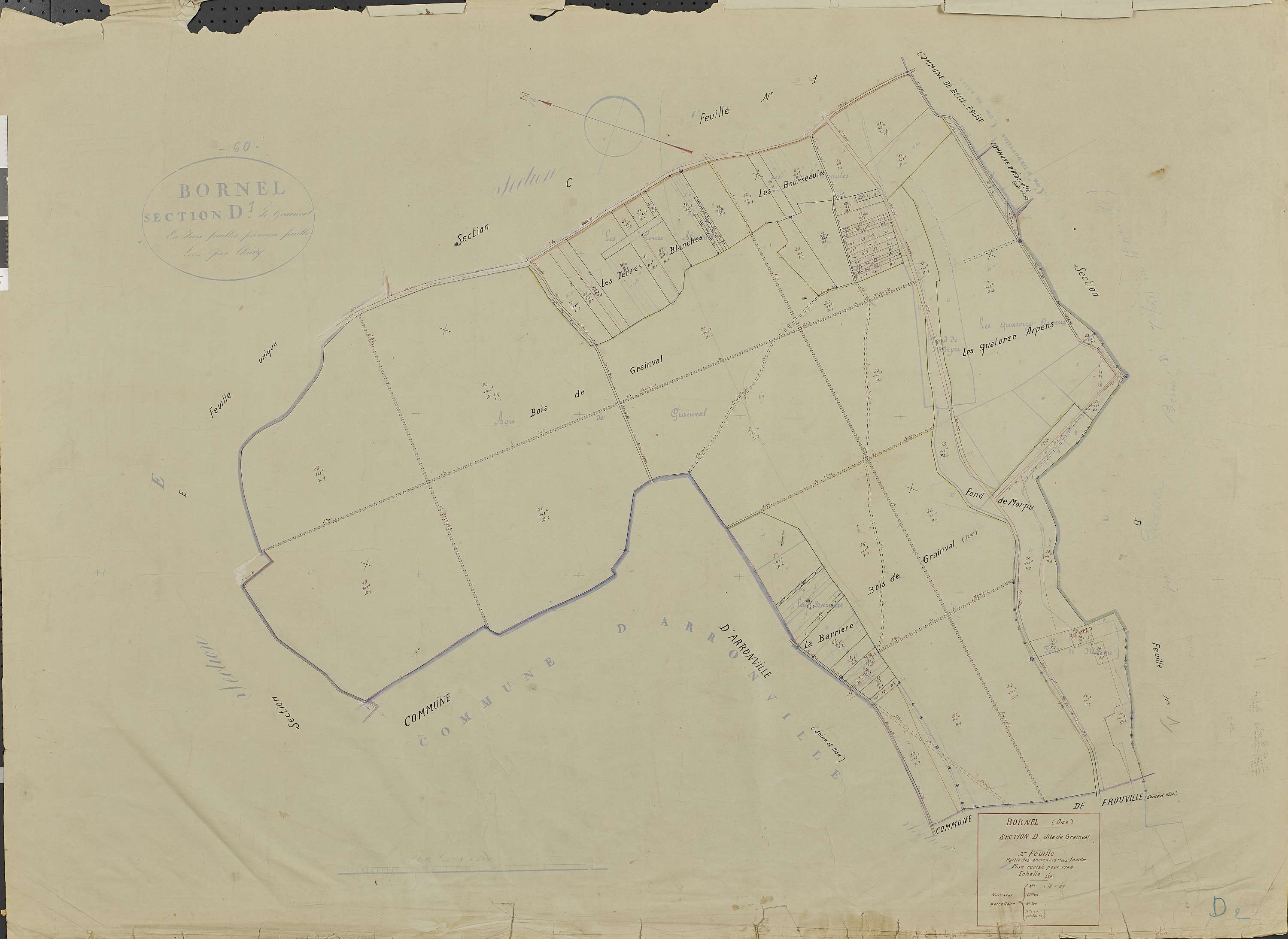 Bornel - Cadastre rénové, section D, feuille 2, document de travail sur fond de cadastre napoléonien