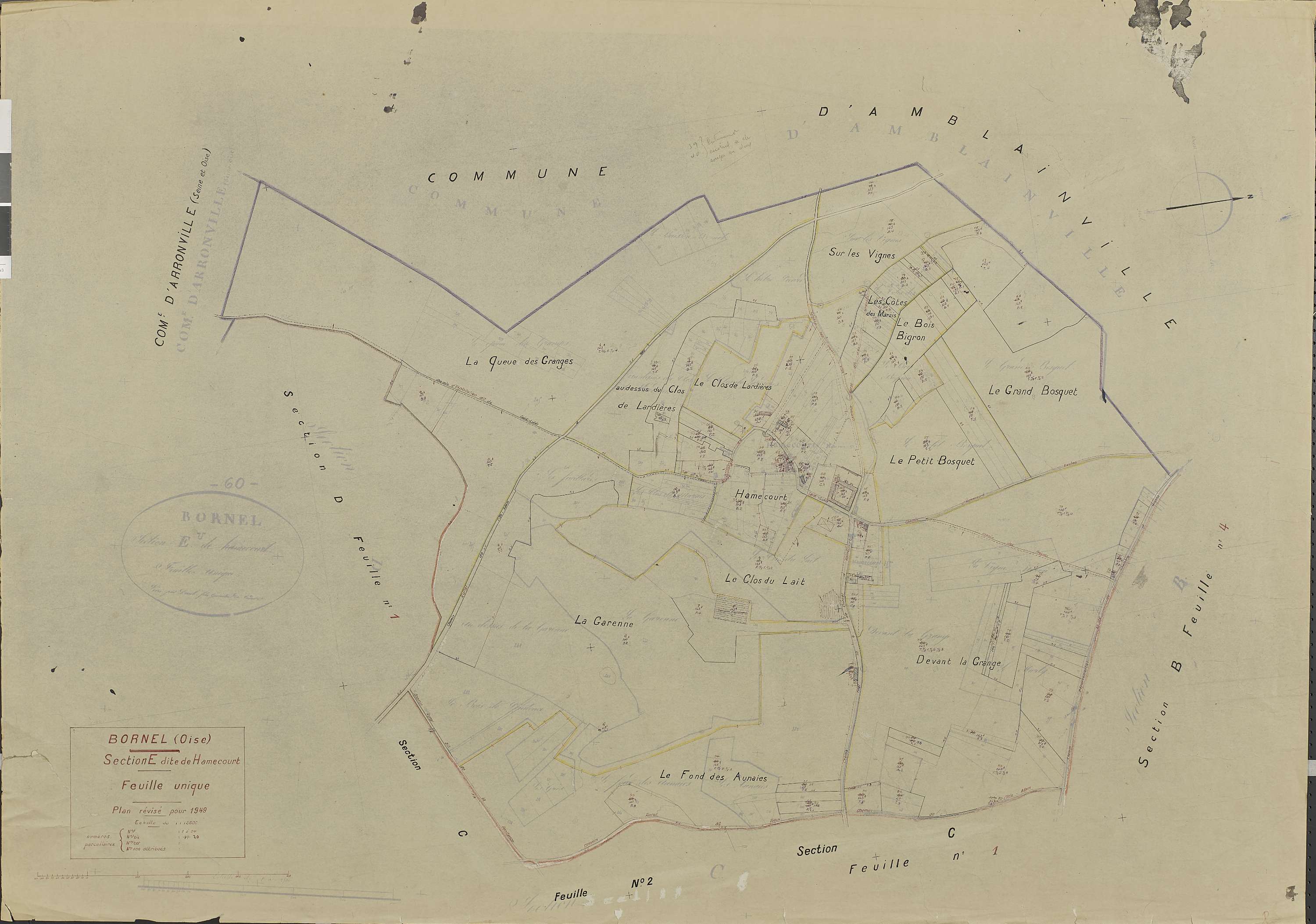 Bornel - Cadastre rénové, section E, document de travail sur fond de cadastre napoléonien