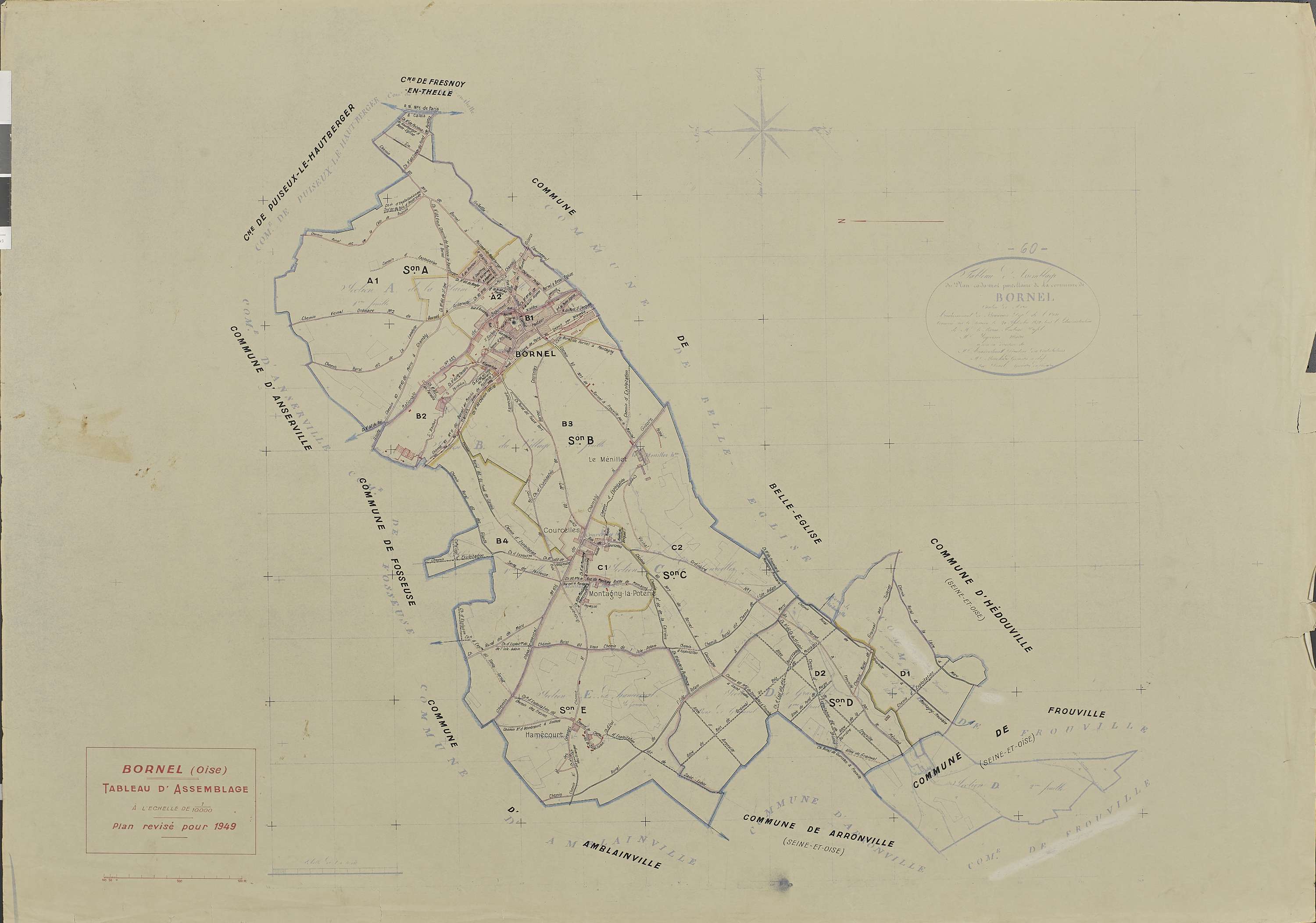 Bornel - Cadastre rénové, tableau d'assemblage, document de travail sur fond de cadastre napoléonien
